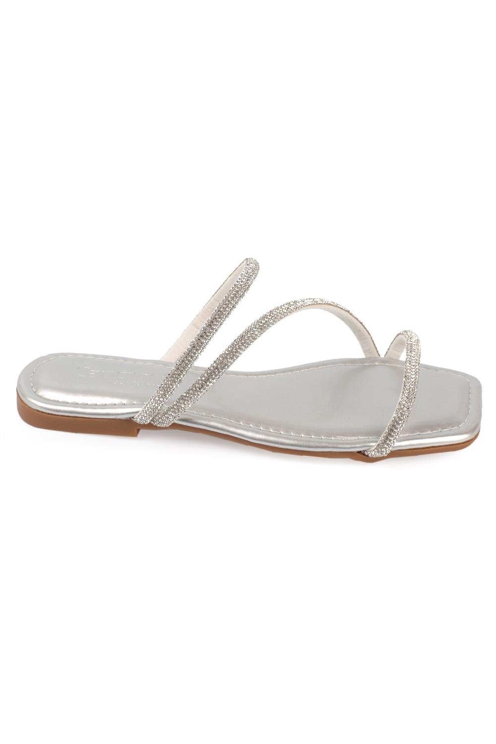 Capone Crystal Embellished 3 Banded Flat Heel  Quilted Woman Sandals