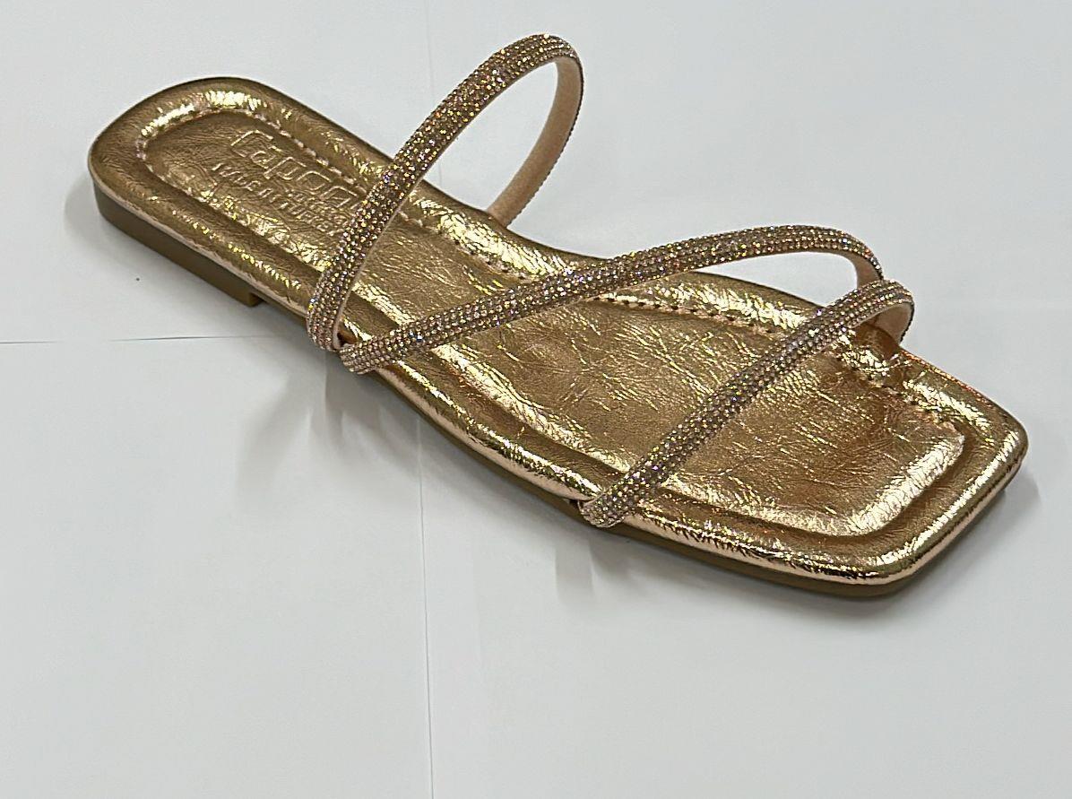 Capone Crystal Embellished 3 Banded Flat Heel  Quilted Woman Sandals