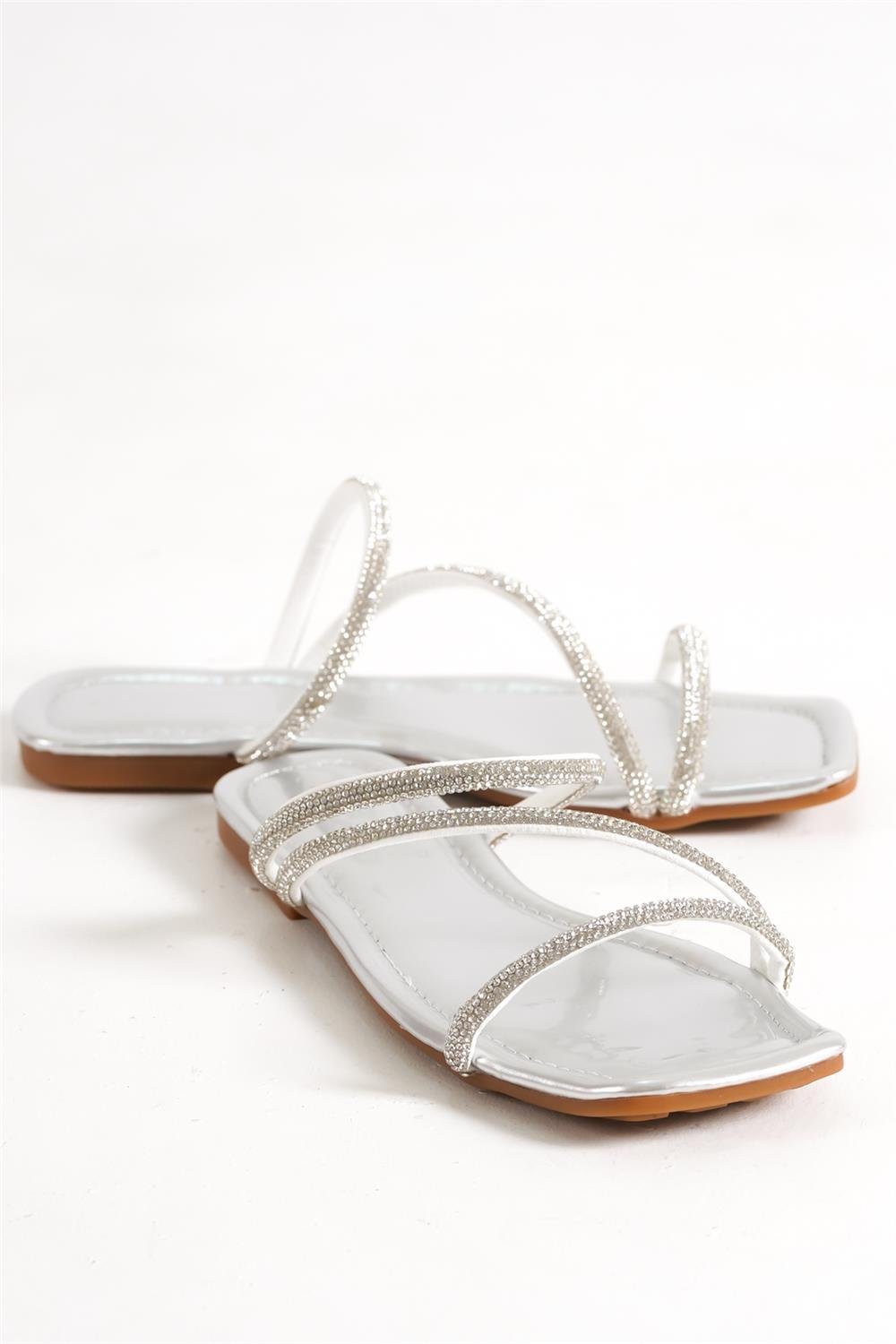 Capone Crystal Embellished 3 Banded Flat Heel  Quilted Woman Sandals
