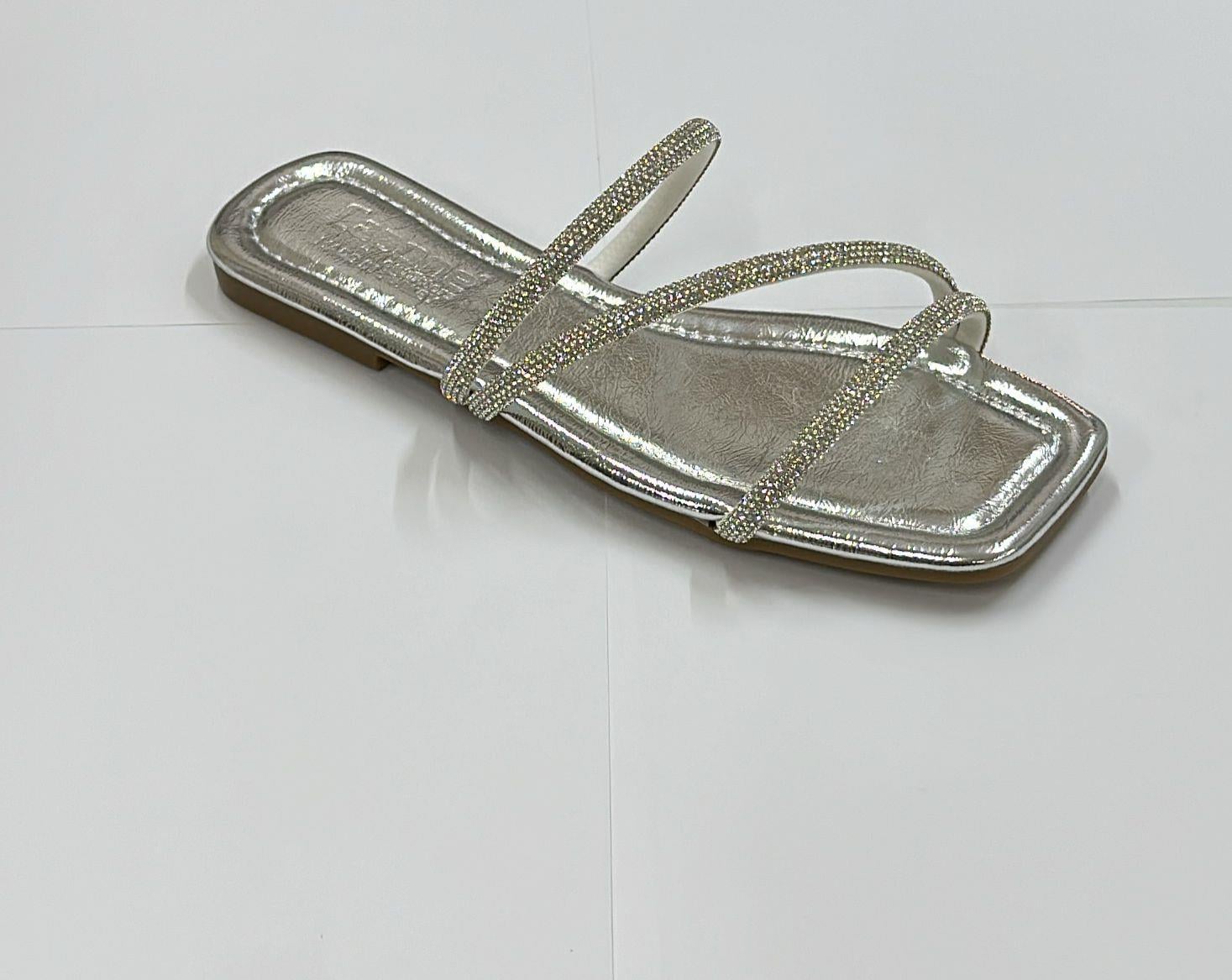 Capone Crystal Embellished 3 Banded Flat Heel  Quilted Woman Sandals