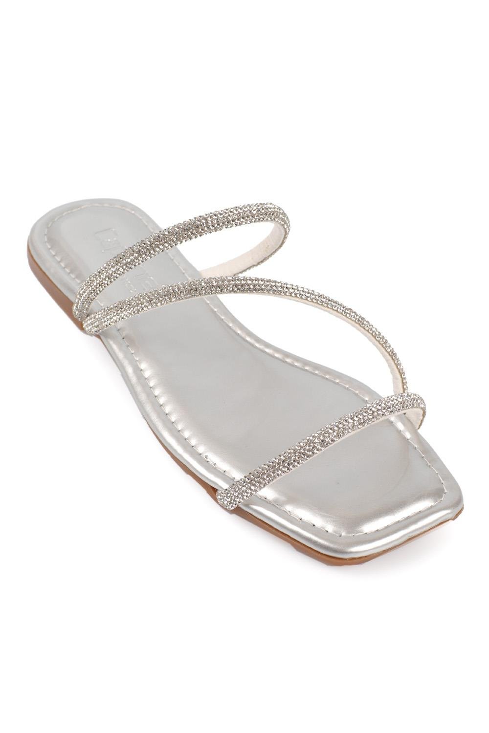 Capone Crystal Embellished 3 Banded Flat Heel  Quilted Woman Sandals