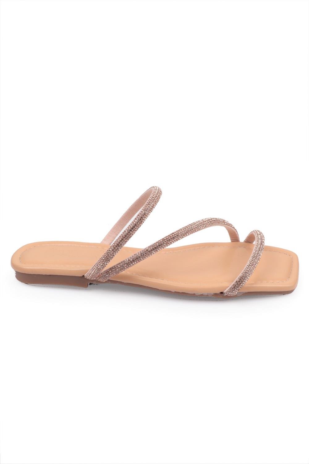 Capone Crystal Embellished 3 Banded Flat Heel  Quilted Woman Sandals