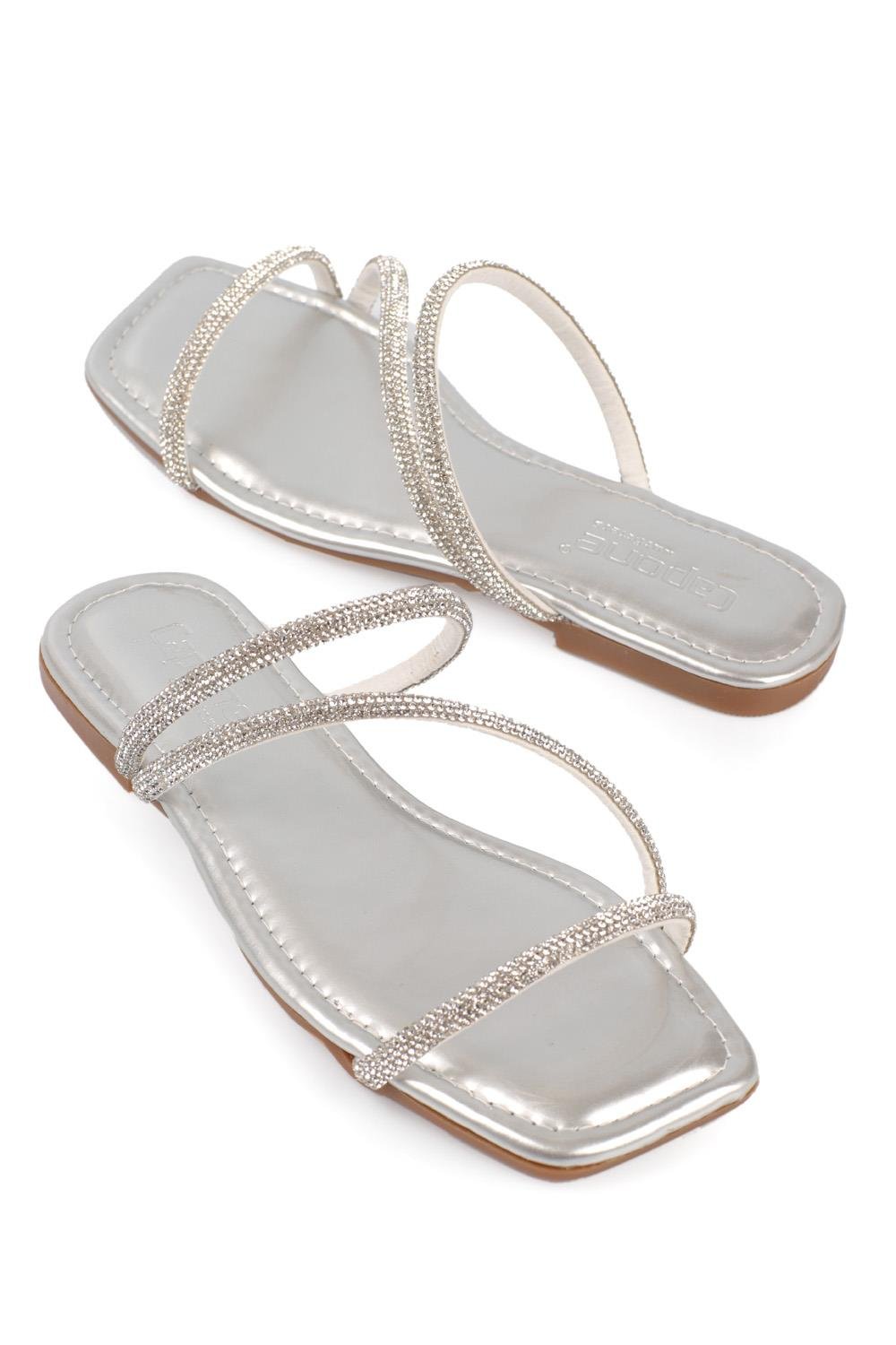 Capone Crystal Embellished 3 Banded Flat Heel  Quilted Woman Sandals