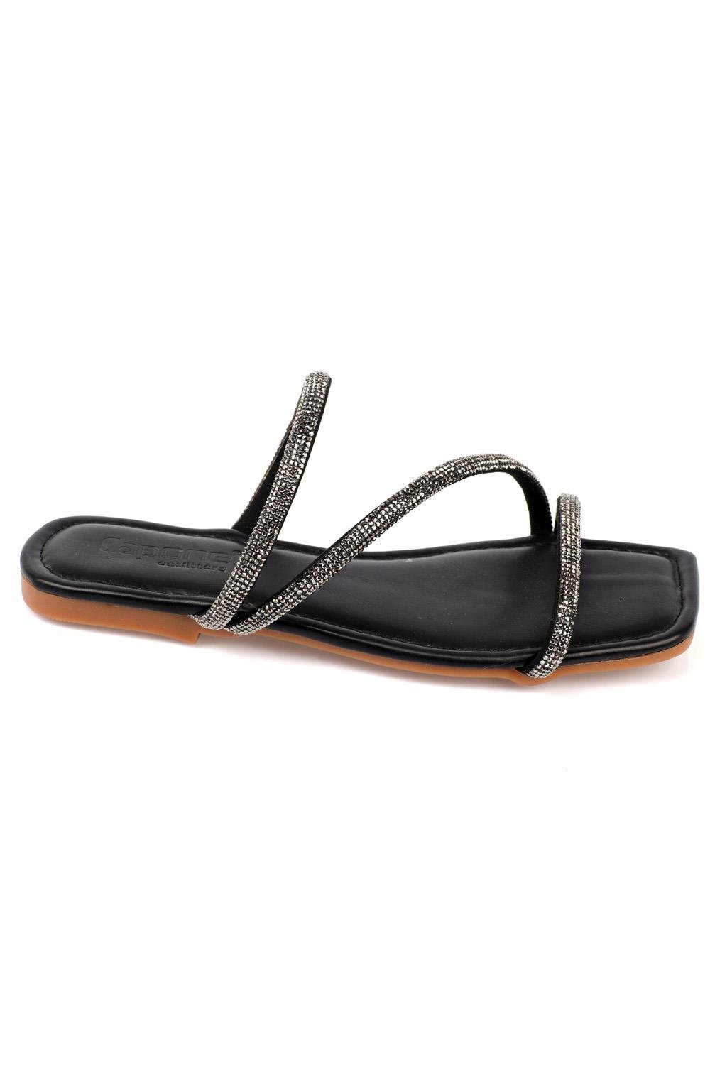 Capone Crystal Embellished 3 Banded Flat Heel  Quilted Woman Sandals