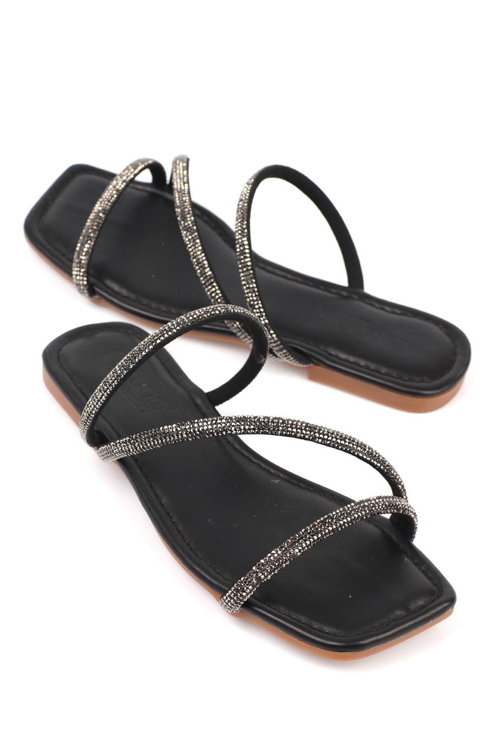 Capone Crystal Embellished 3 Banded Flat Heel  Quilted Woman Sandals