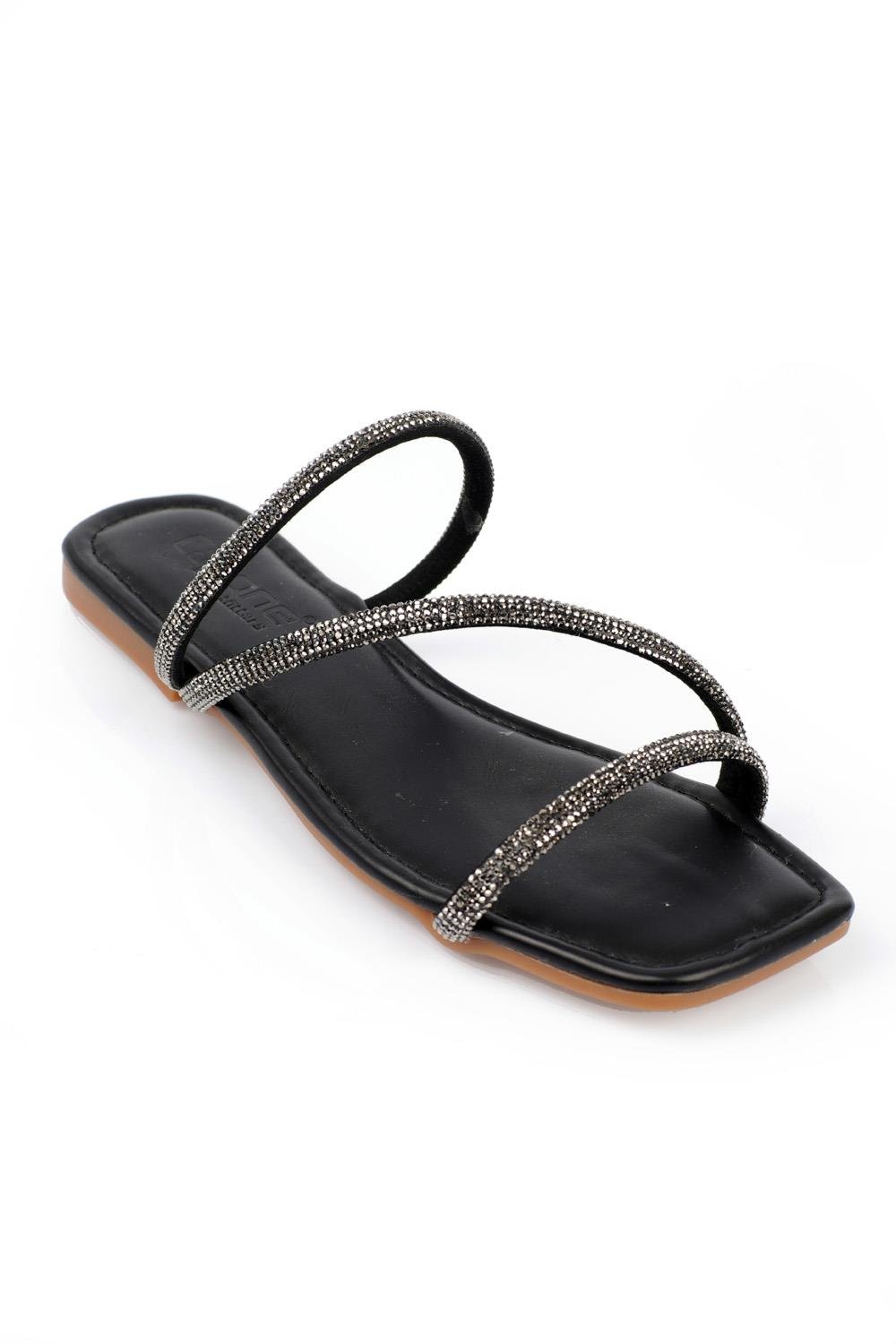 Capone Crystal Embellished 3 Banded Flat Heel  Quilted Woman Sandals