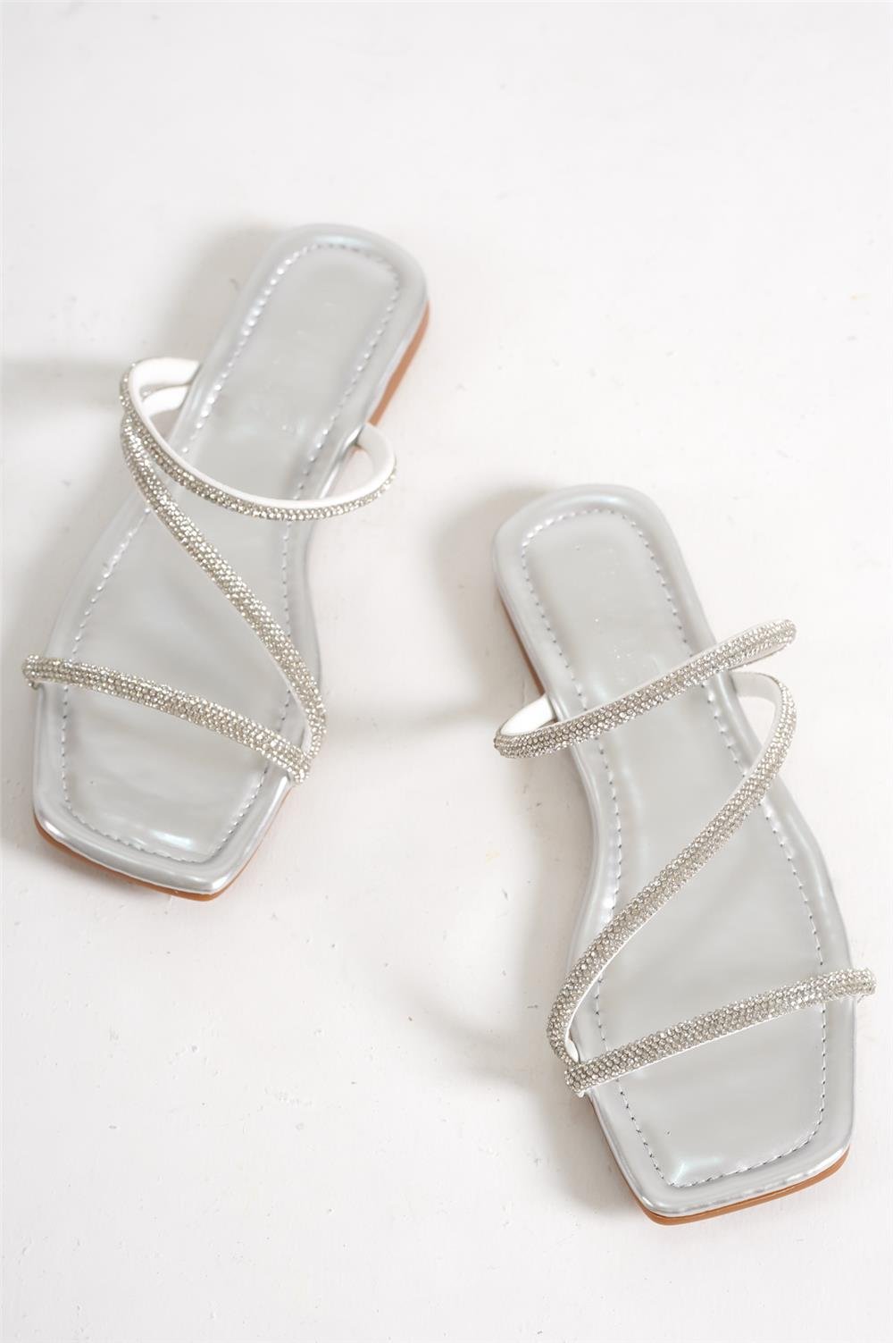 Capone Crystal Embellished 3 Banded Flat Heel  Quilted Woman Sandals