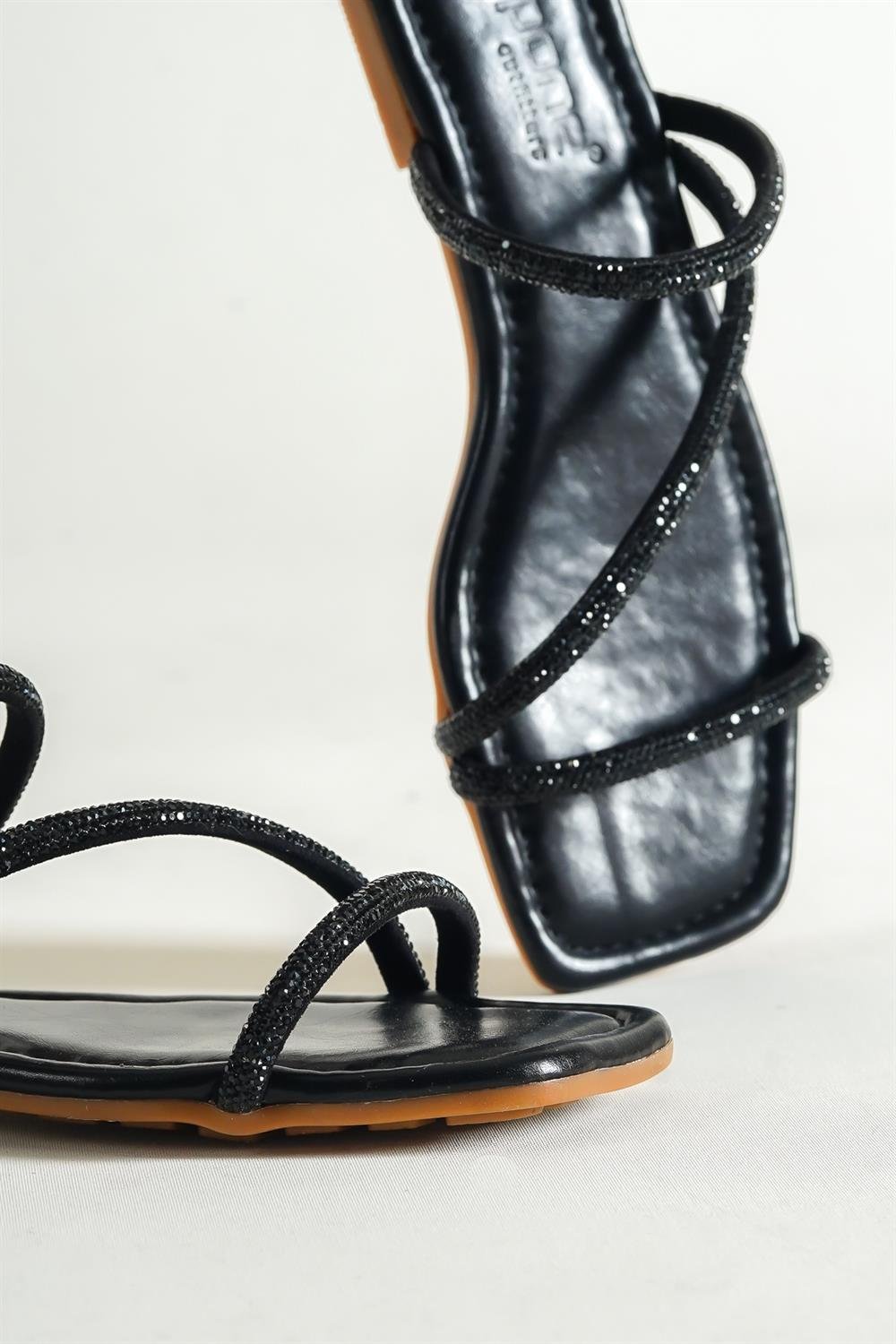 Capone Crystal Embellished 3 Banded Flat Heel  Quilted Woman Sandals