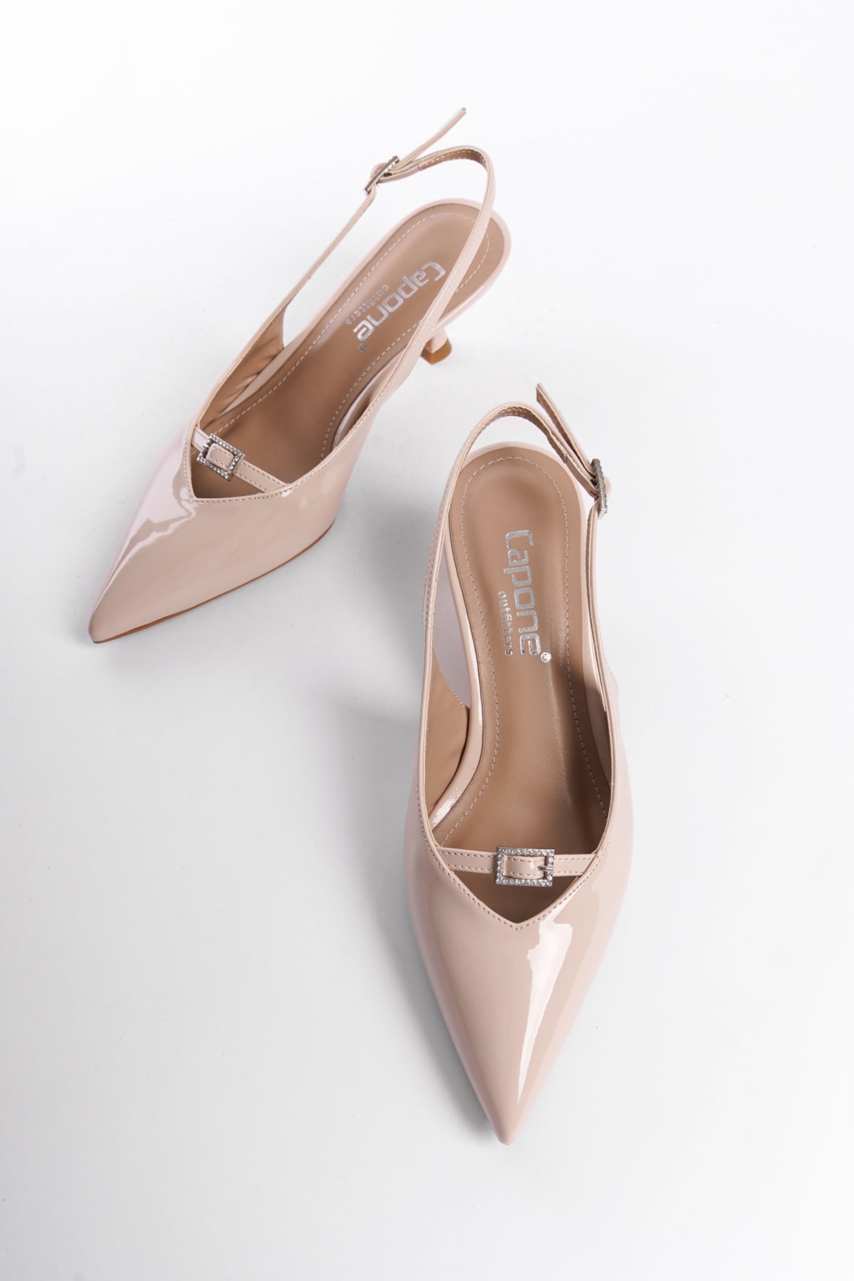 Capone Crystal Embellished Buckle Open Back Pointed Toe Mid Heel Faux Patent Leather Women Patent Beige Shoes