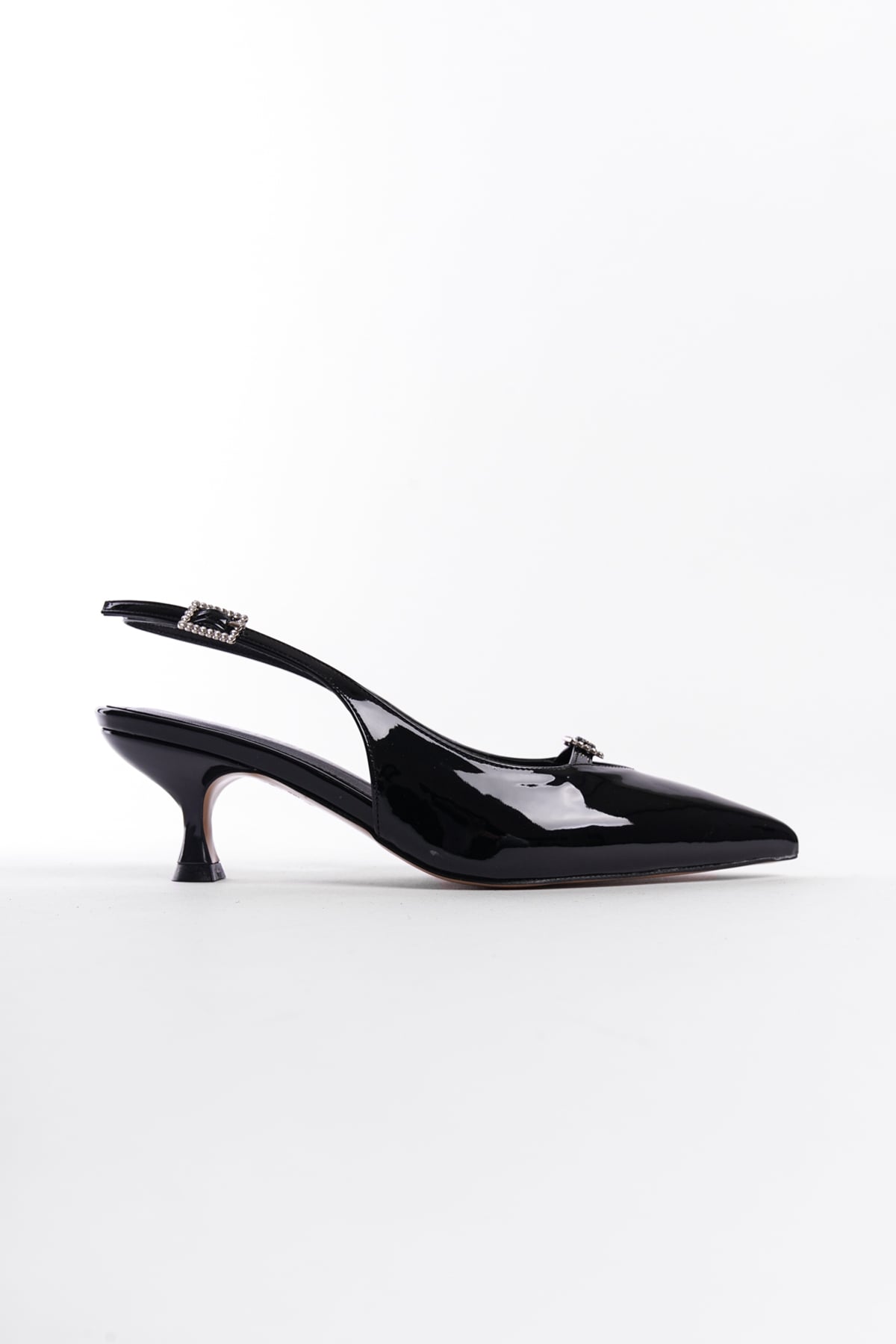 Capone Crystal Embellished Buckle Open Back Pointed Toe Mid Heel Faux Patent Leather Women Patent Black Shoes