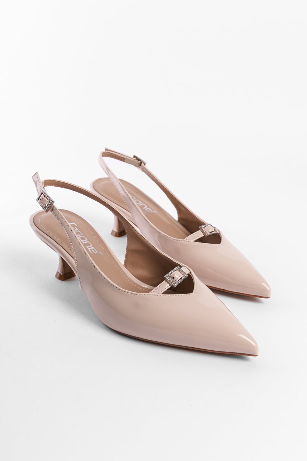 Capone Crystal Embellished Buckle Open Back Pointed Toe Mid Heel Faux Patent Leather Women Patent Beige Shoes