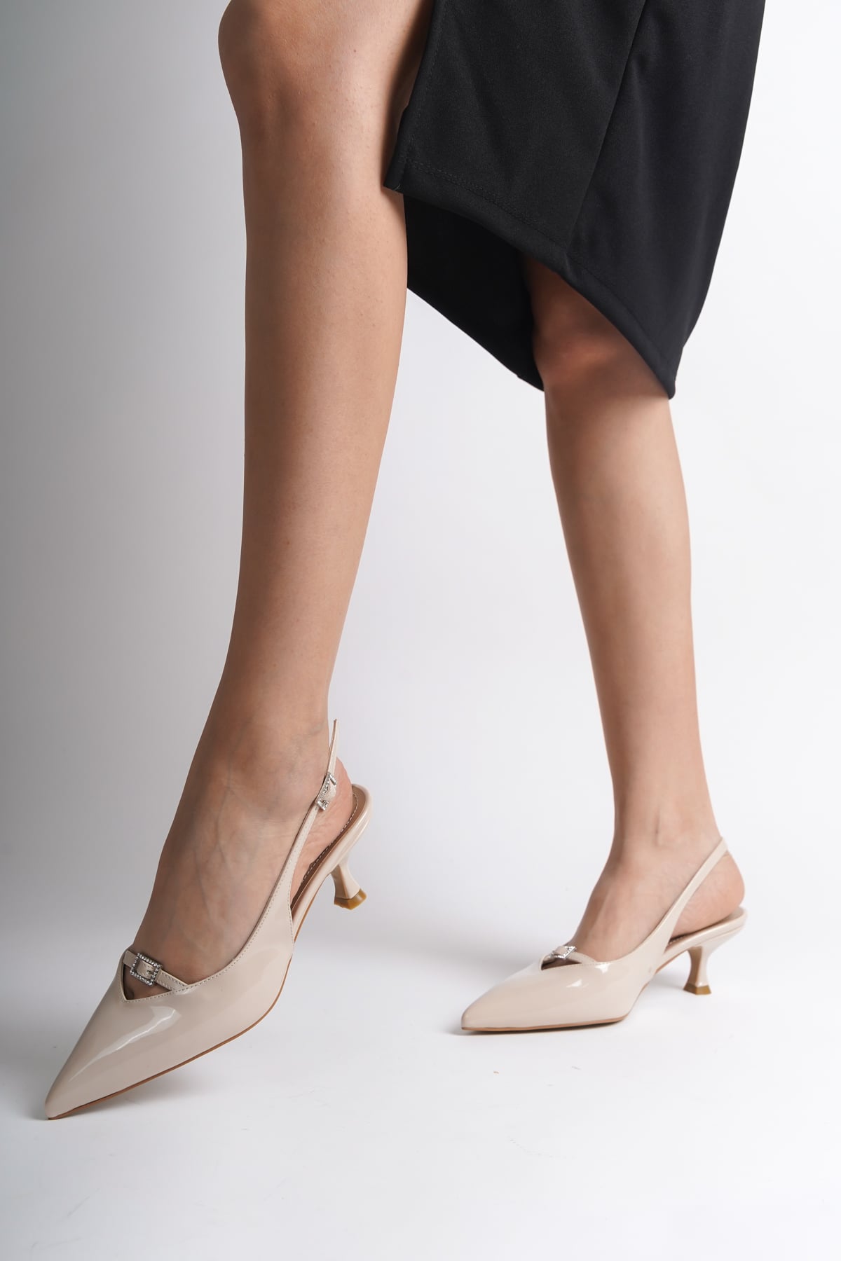 Capone Crystal Embellished Buckle Open Back Pointed Toe Mid Heel Faux Patent Leather Women Patent Beige Shoes