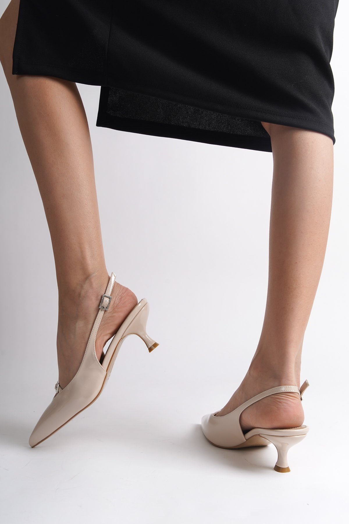 Capone Crystal Embellished Buckle Open Back Pointed Toe Mid Heel Faux Patent Leather Women Patent Beige Shoes