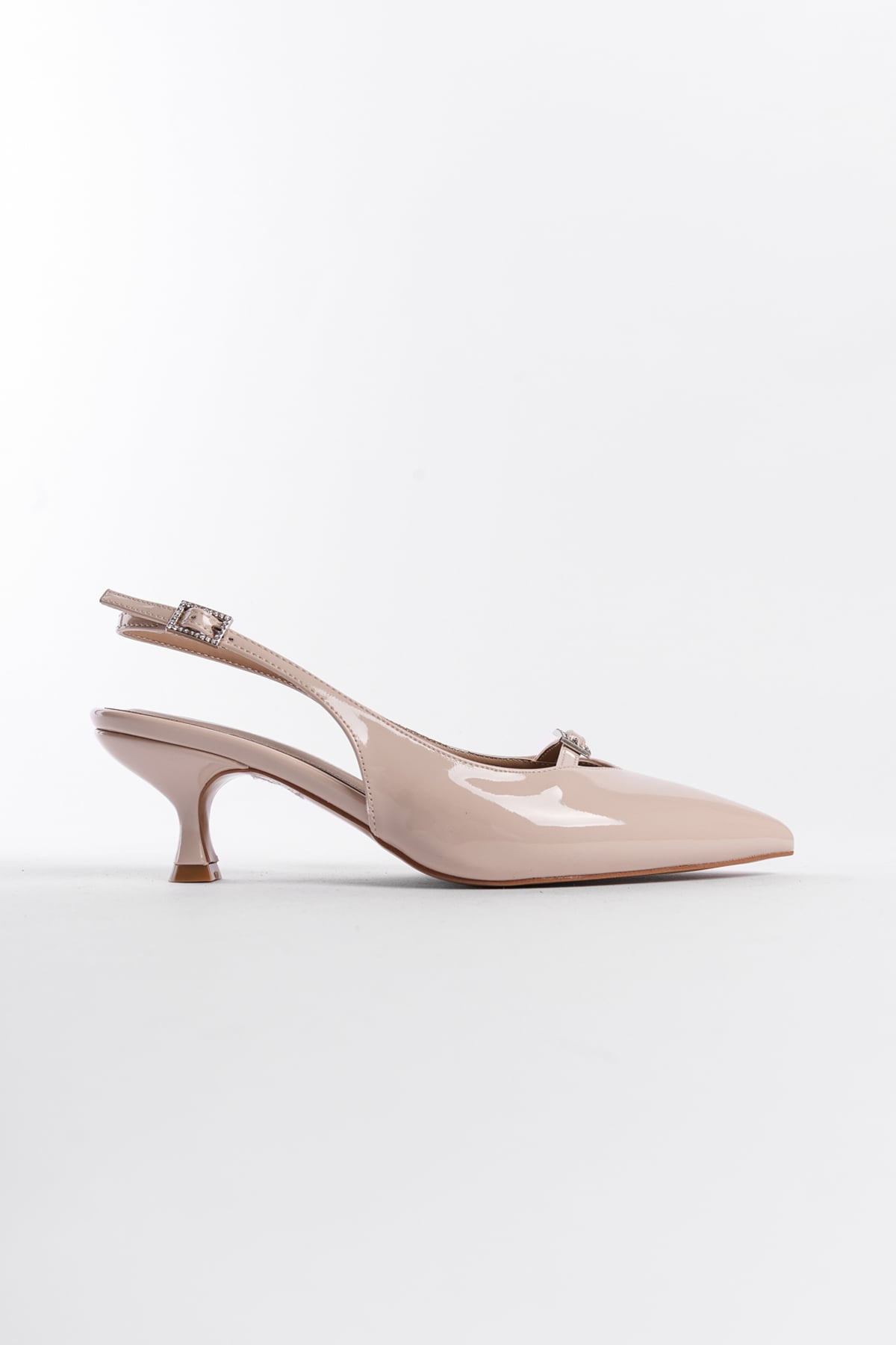Capone Crystal Embellished Buckle Open Back Pointed Toe Mid Heel Faux Patent Leather Women Patent Beige Shoes