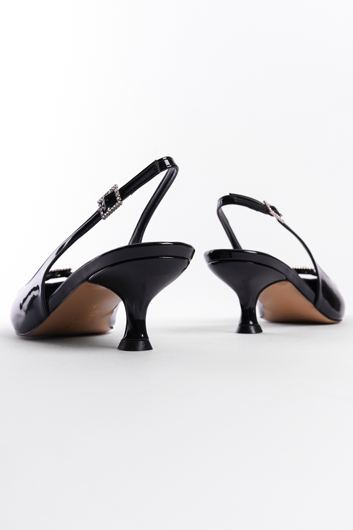 Capone Crystal Embellished Buckle Open Back Pointed Toe Mid Heel Faux Patent Leather Women Patent Black Shoes