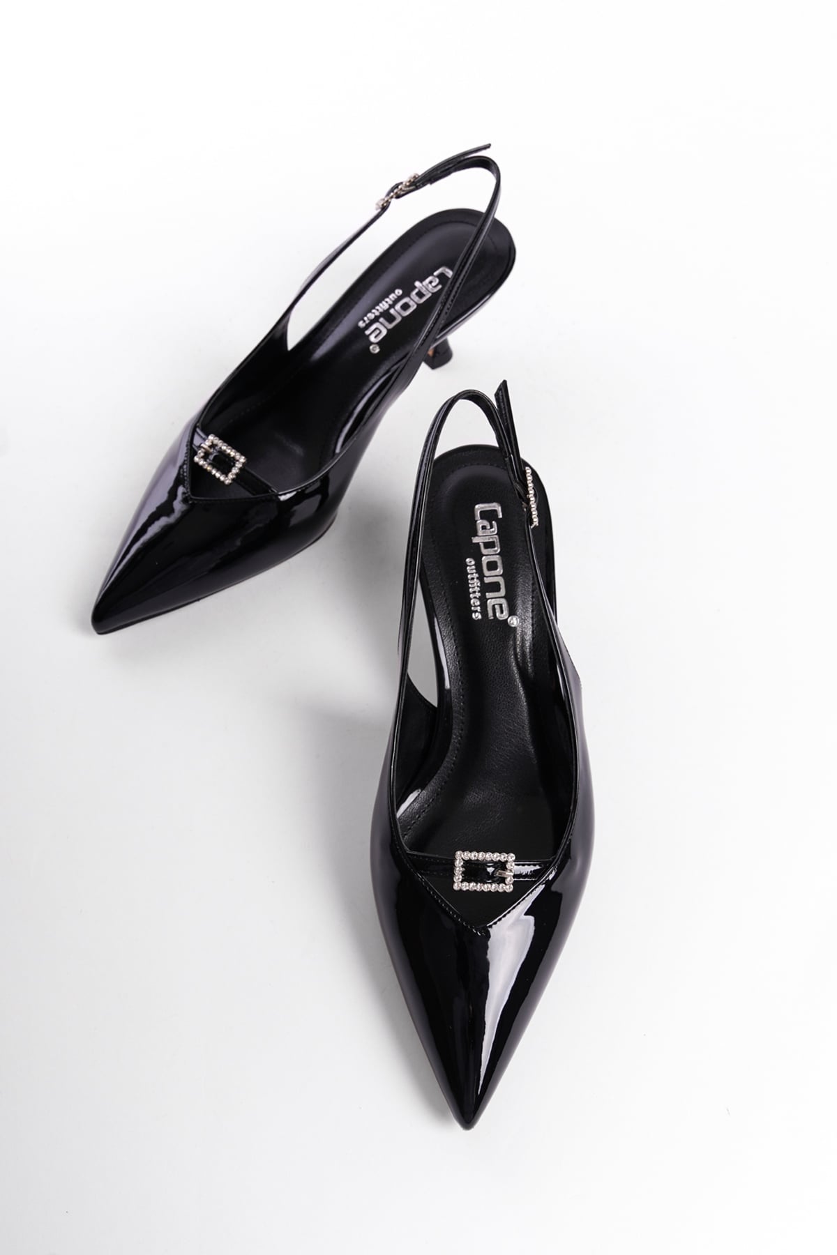 Capone Crystal Embellished Buckle Open Back Pointed Toe Mid Heel Faux Patent Leather Women Patent Black Shoes