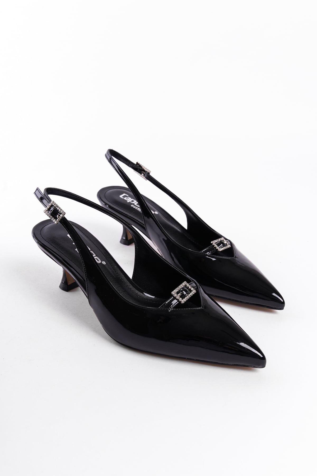 Capone Crystal Embellished Buckle Open Back Pointed Toe Mid Heel Faux Patent Leather Women Patent Black Shoes
