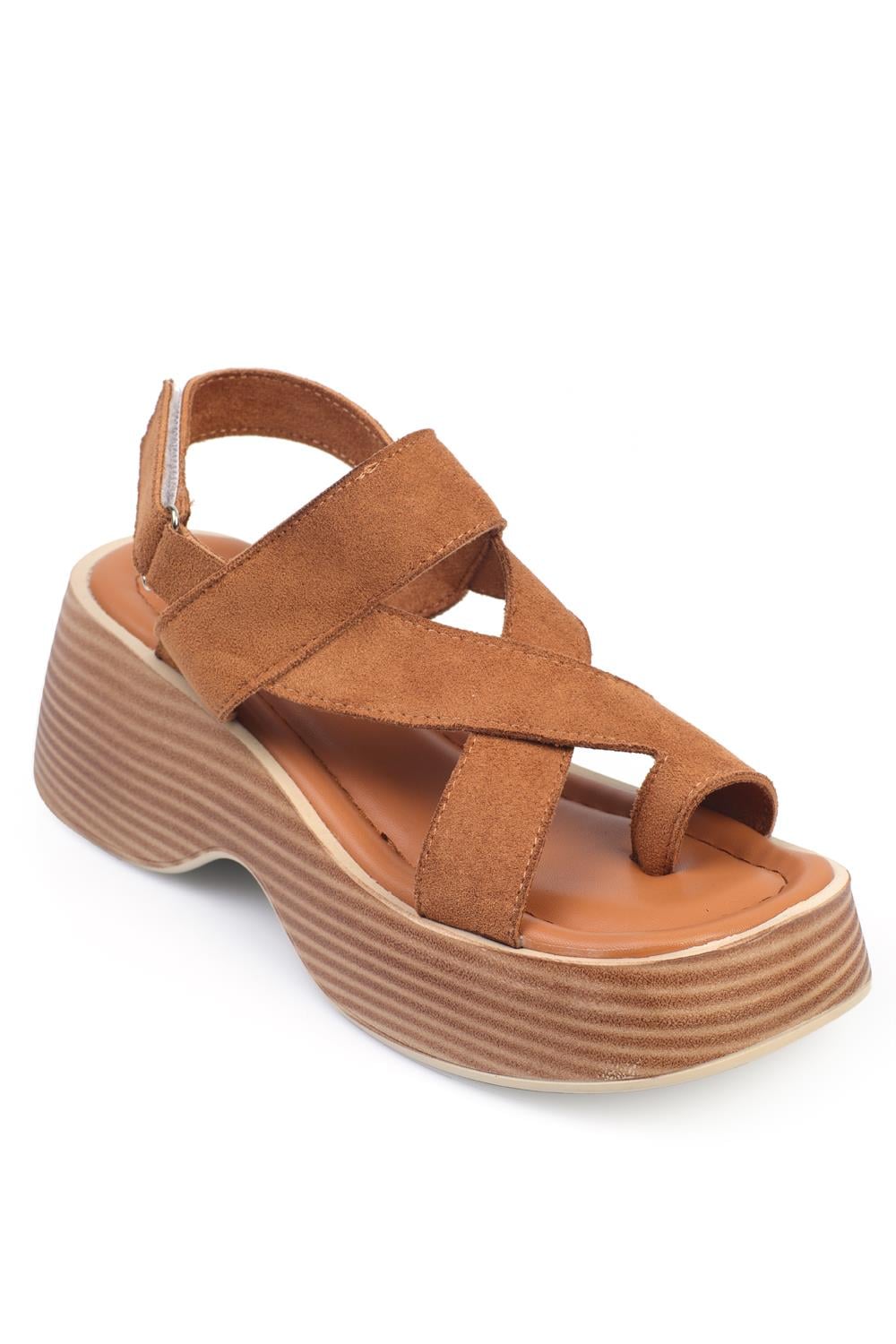 Capone Crystal Embellished Buckled Suede Wedge Heeled Women Tan Sandals