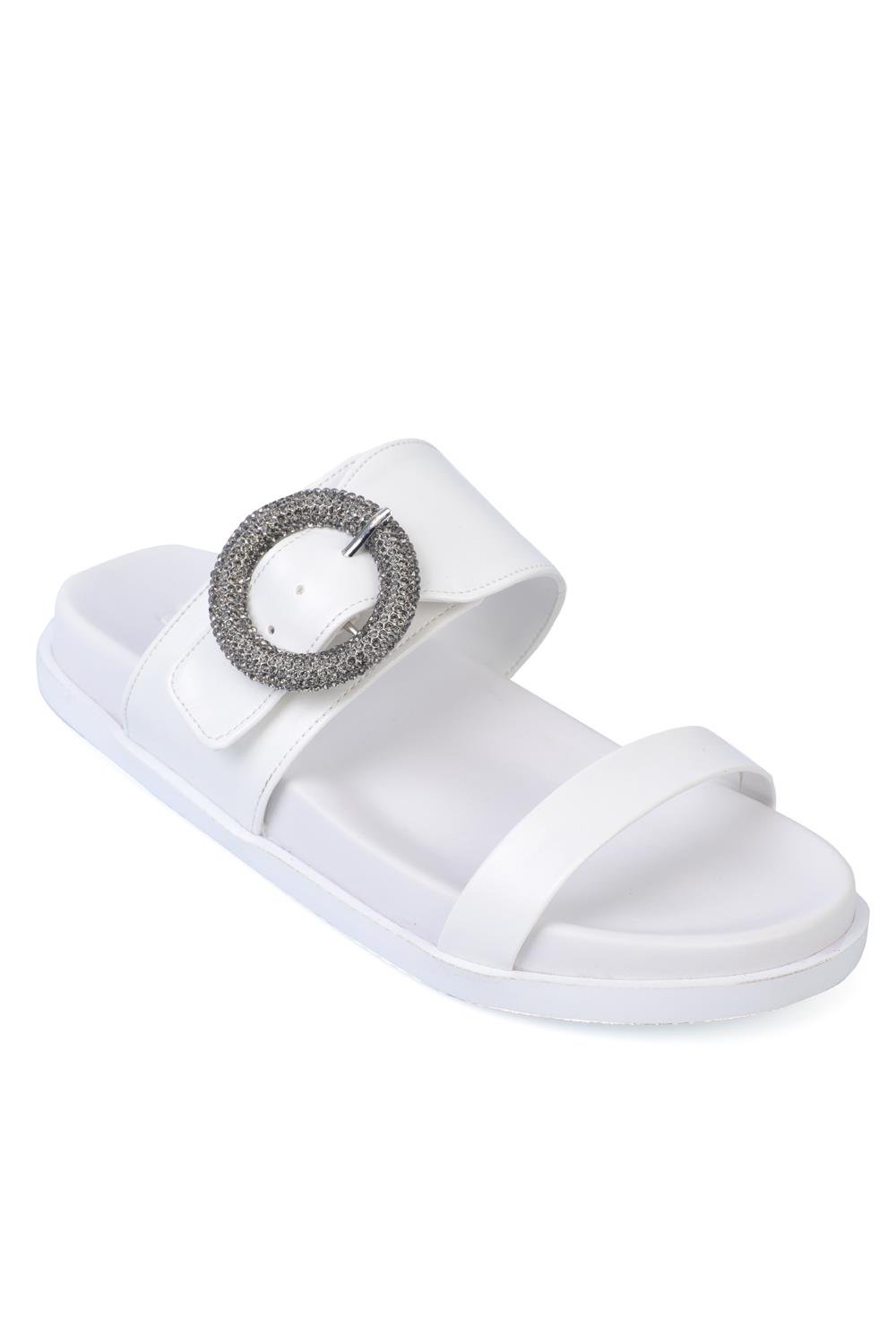Capone Crystal Embellished Buckled Women White Comfort Sandals
