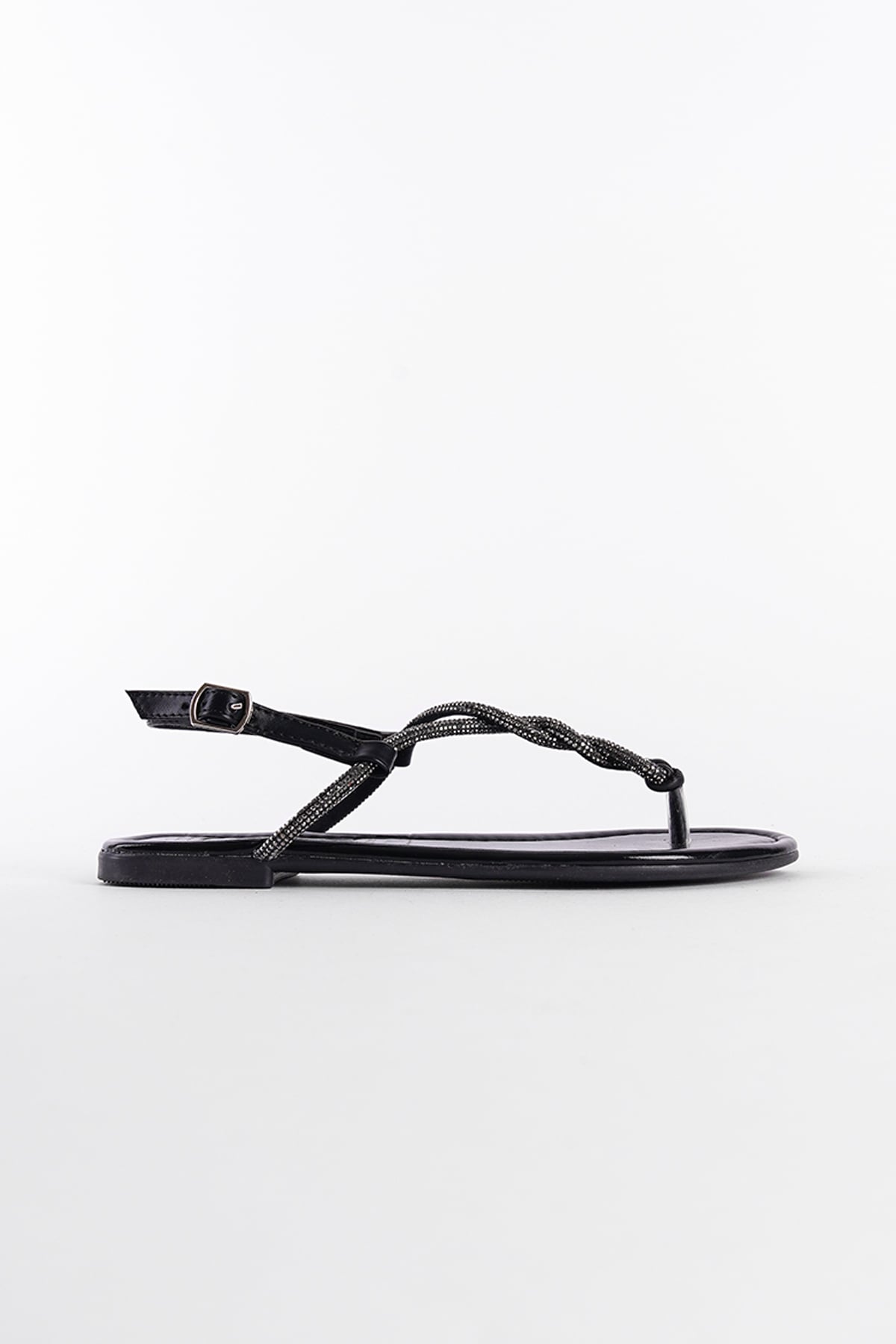 Capone Crystal Embellished Flat Heel Women Metallic Black Thong Sandals