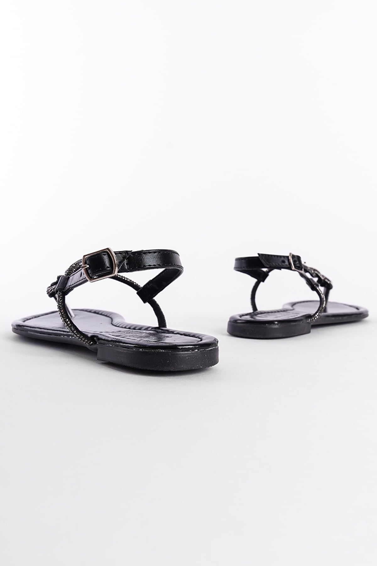 Capone Crystal Embellished Flat Heel Women Metallic Black Thong Sandals