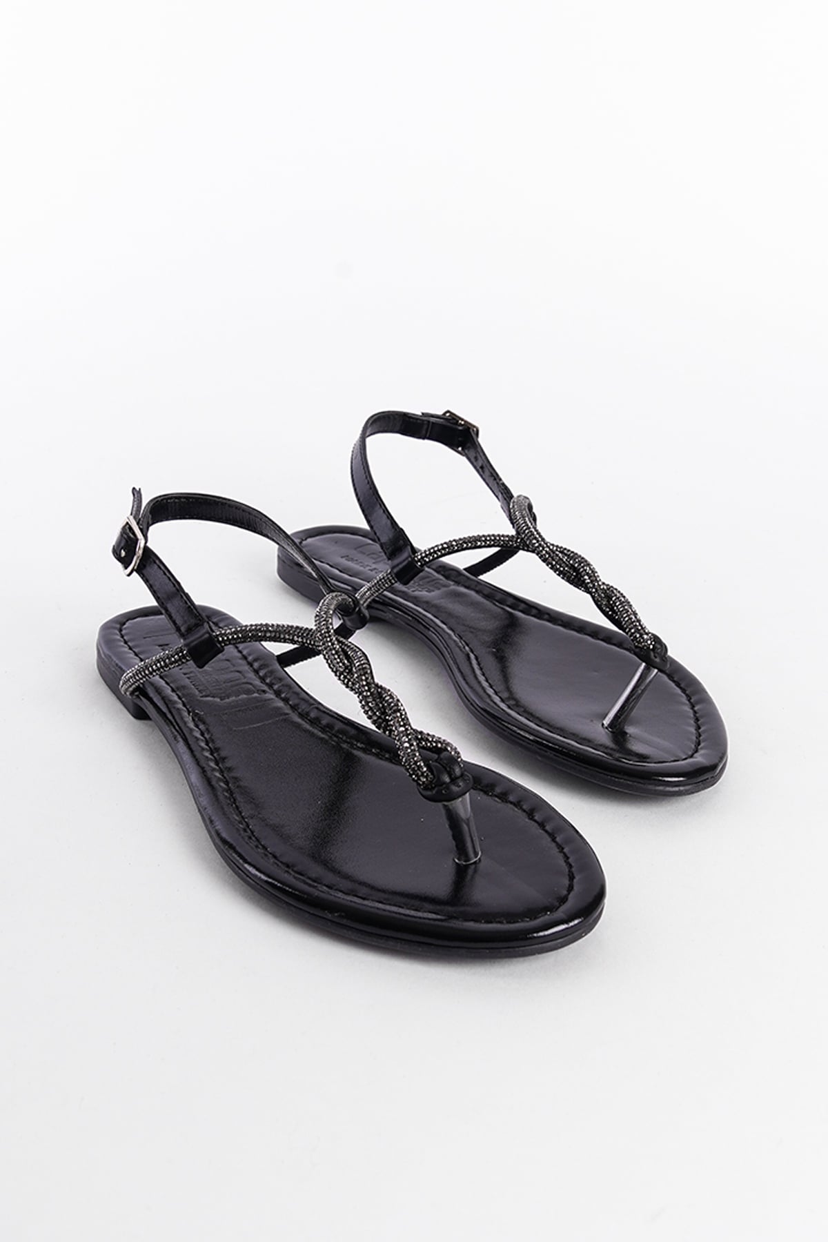 Capone Crystal Embellished Flat Heel Women Metallic Black Thong Sandals