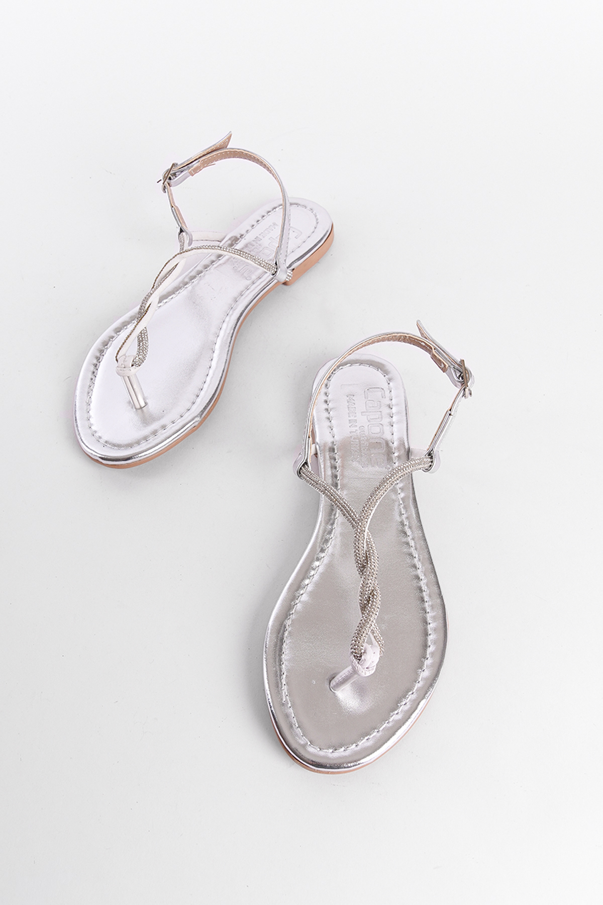 Capone Crystal Embellished Flat Heel Women Metallic Silver Thong Sandals