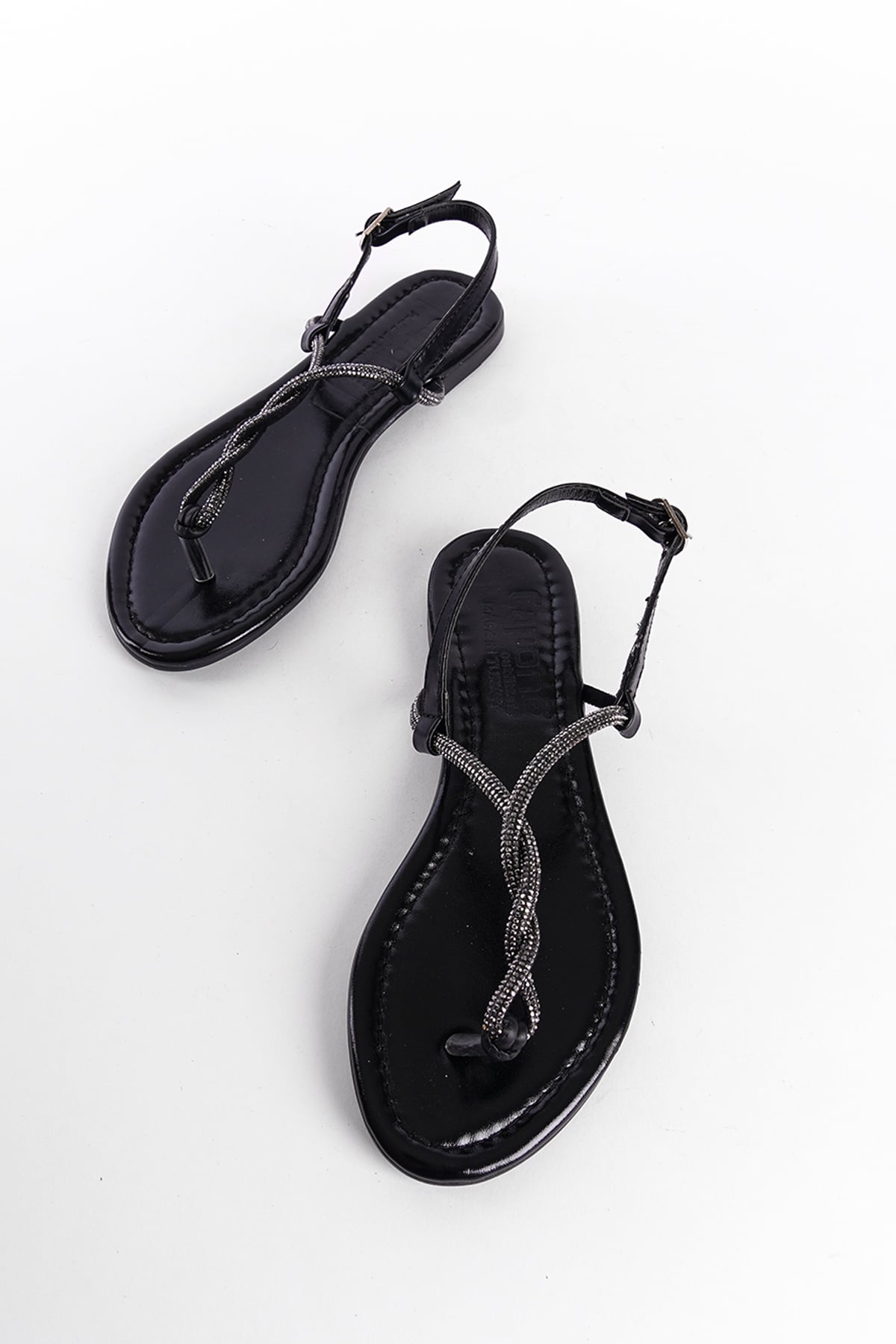 Capone Crystal Embellished Flat Heel Women Metallic Black Thong Sandals