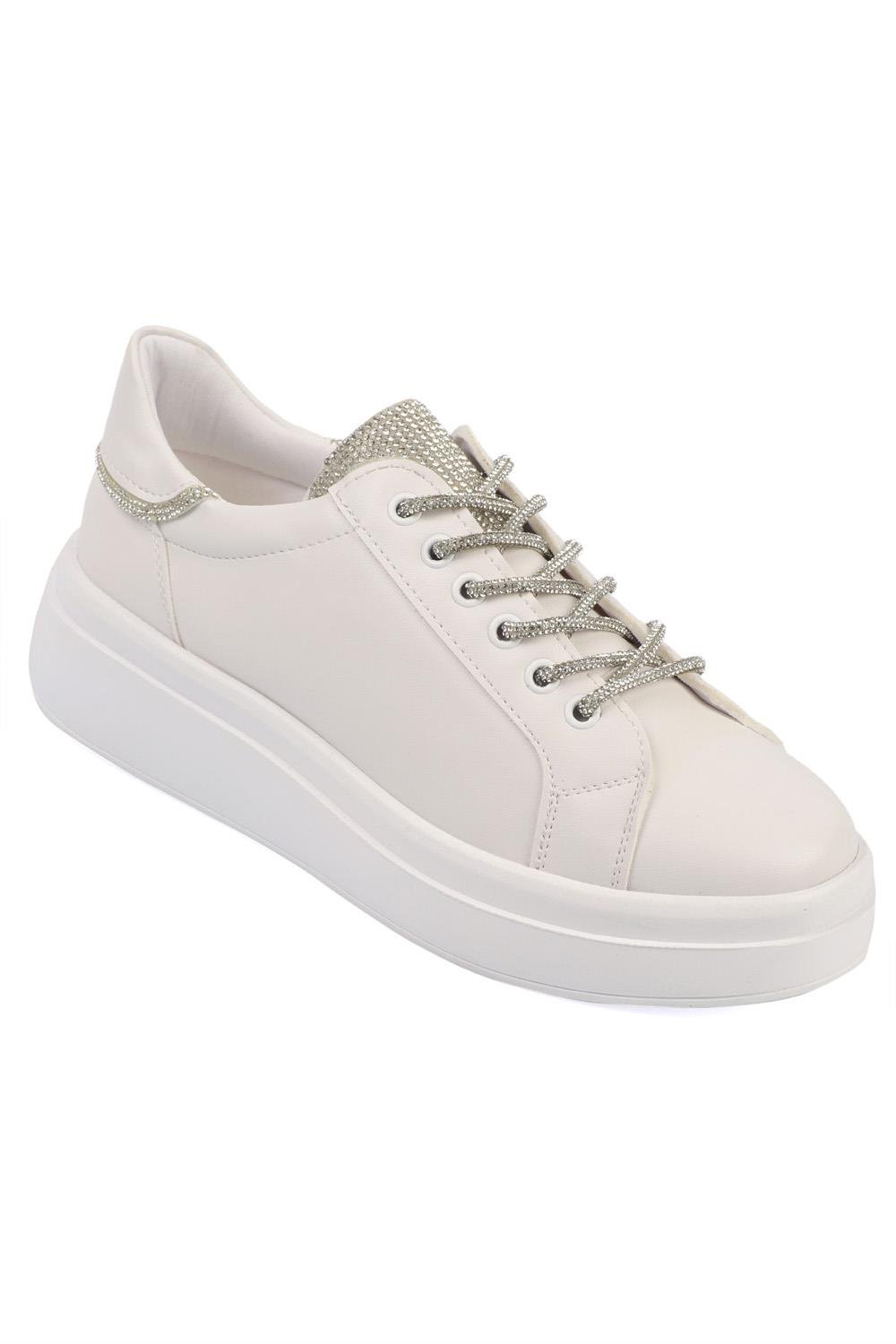 Capone Crystal Embellished Lace-Up Women White Sneaker Sports Shoes