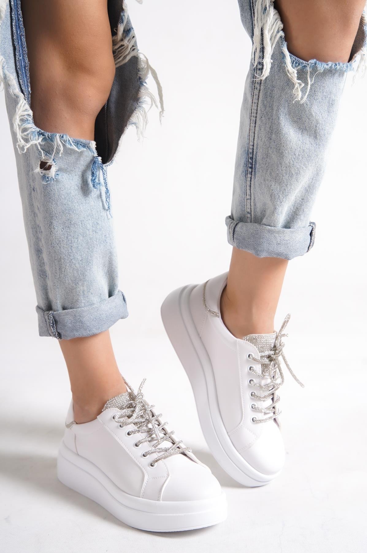 Capone Crystal Embellished Lace-Up Women White Sneaker Sports Shoes
