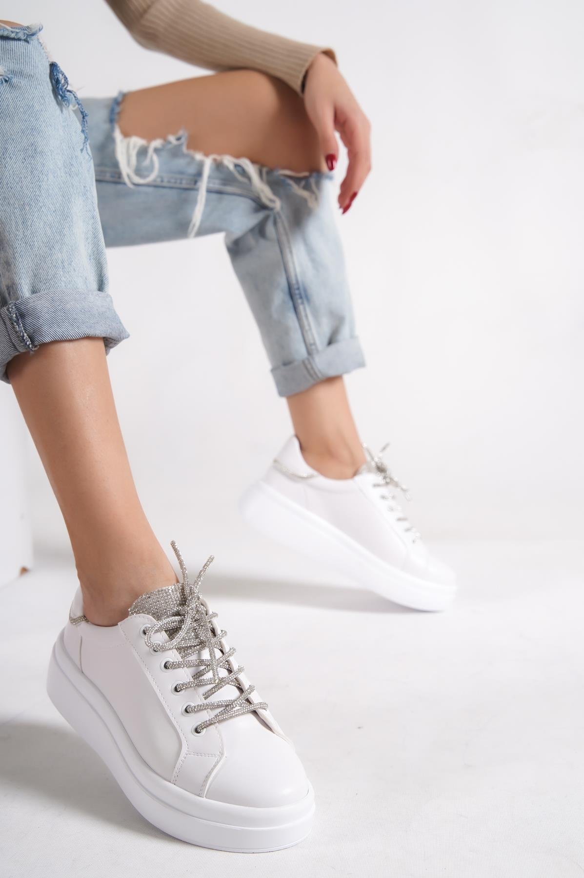 Capone Crystal Embellished Lace-Up Women White Sneaker Sports Shoes