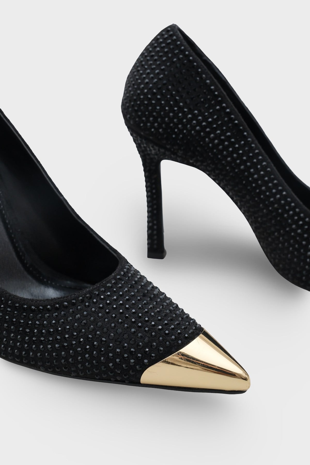 Capone Crystal Embellished Pointed Metal Toe Satin Women Satin Black Evening Stiletto
