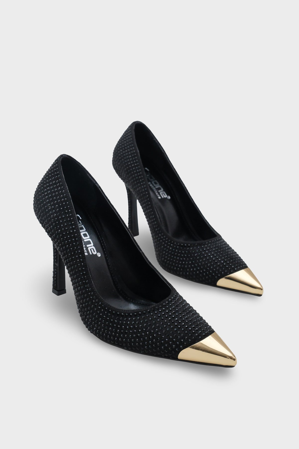 Capone Crystal Embellished Pointed Metal Toe Satin Women Satin Black Evening Stiletto