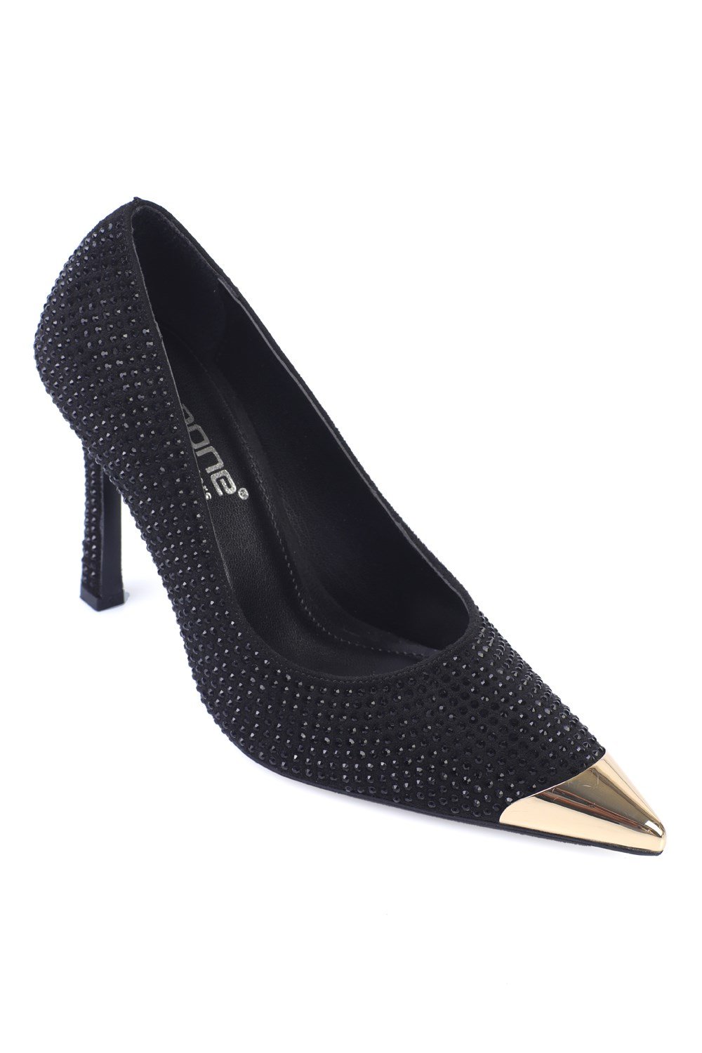 Capone Crystal Embellished Pointed Metal Toe Satin Women Satin Black Evening Stiletto