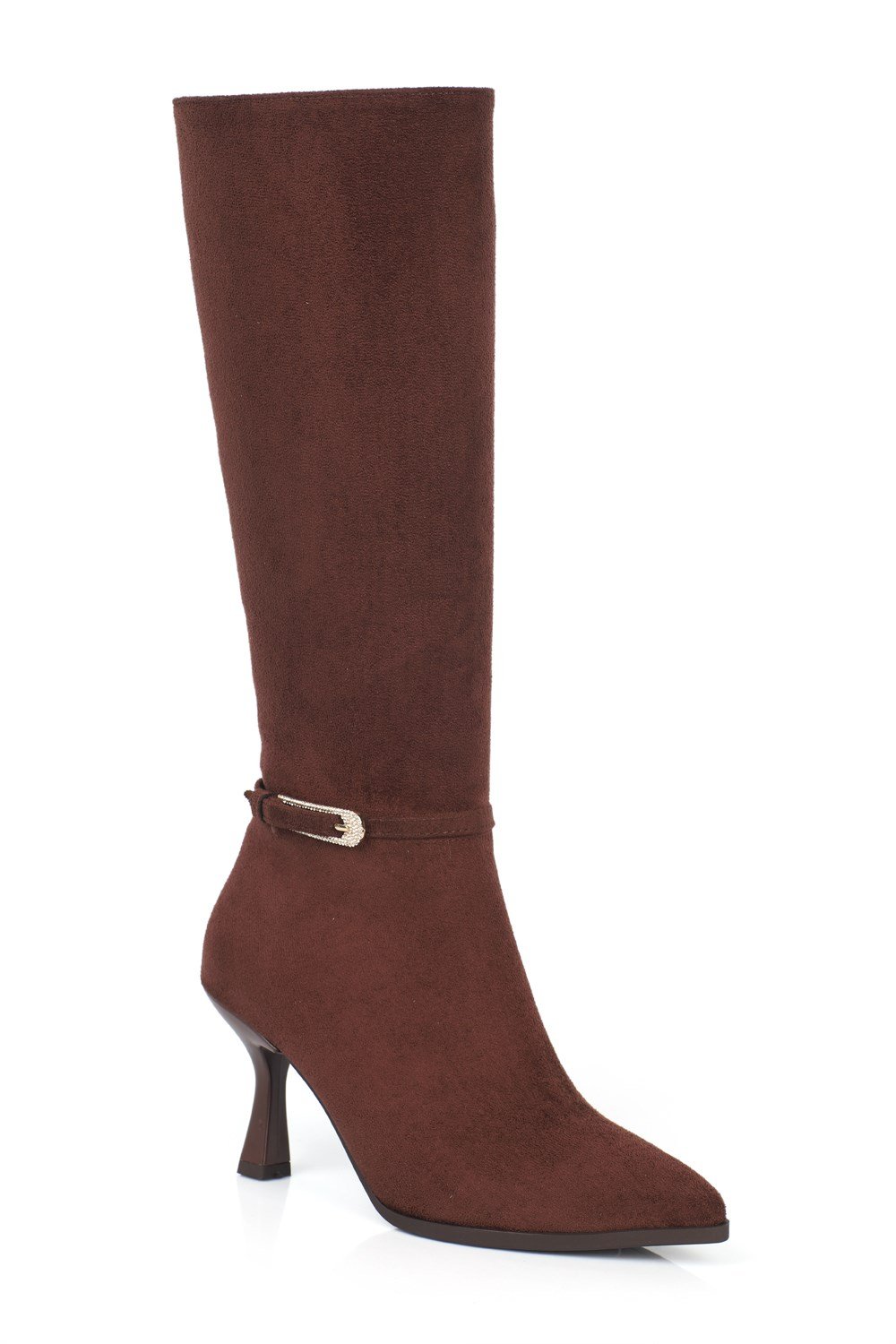 Capone  Crystal Embellished Pointed Toe Slim Heel Elegant Women Sued Brown Boot