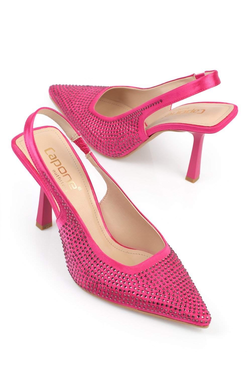 Capone Crystal Embellished Satin Pointed Toe Slingback Woman Mid Heel Shoes