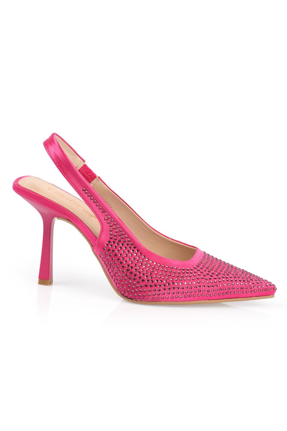 Capone Crystal Embellished Satin Pointed Toe Slingback Woman Mid Heel Shoes