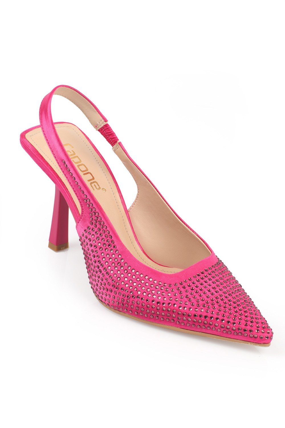 Capone Crystal Embellished Satin Pointed Toe Slingback Woman Mid Heel Shoes