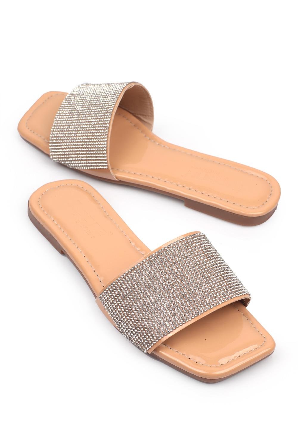 Capone Crystal Embellished Single Band Flat Heel  Quilted Woman Sandals