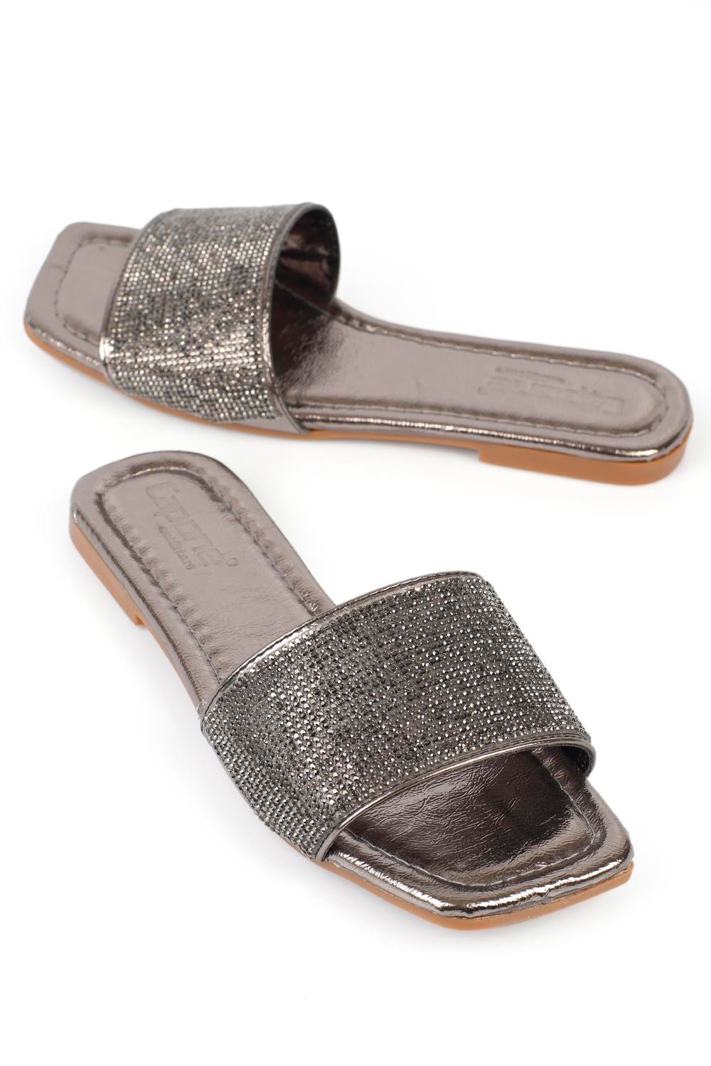Capone Crystal Embellished Single Banded Flat Heel  Quilted Woman Sandals