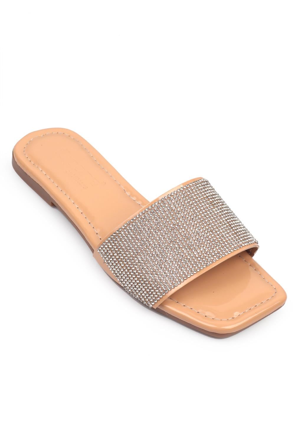 Capone Crystal Embellished Single Band Flat Heel  Quilted Woman Sandals