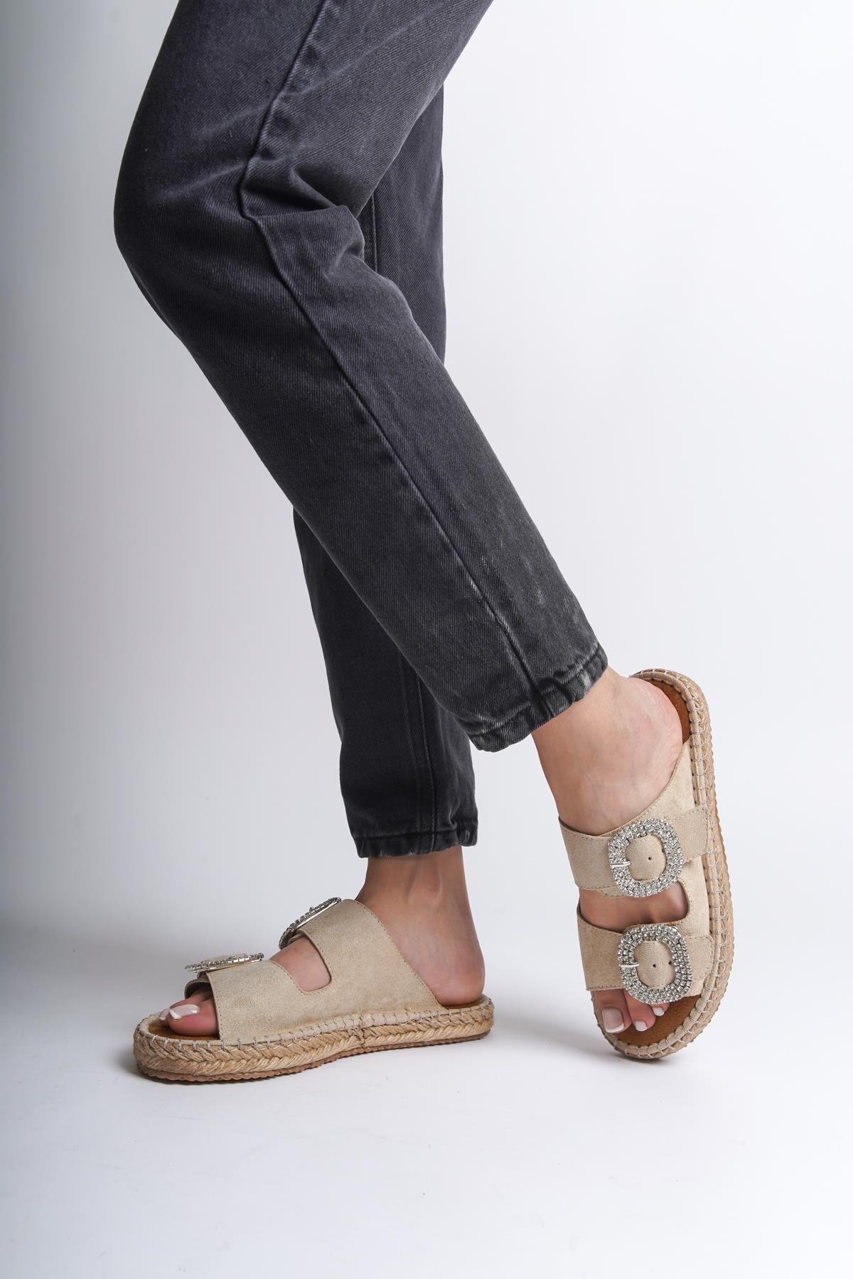 Capone Crystal Embellished Women Beige Espadrille Slippers