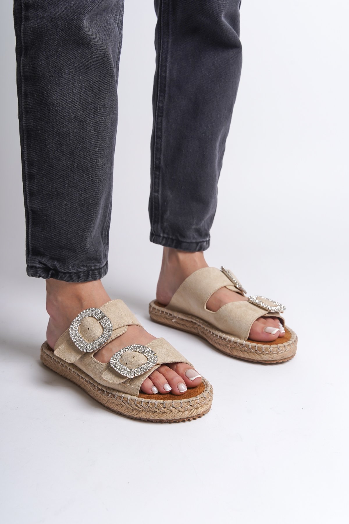 Capone Crystal Embellished Women Beige Espadrille Slippers