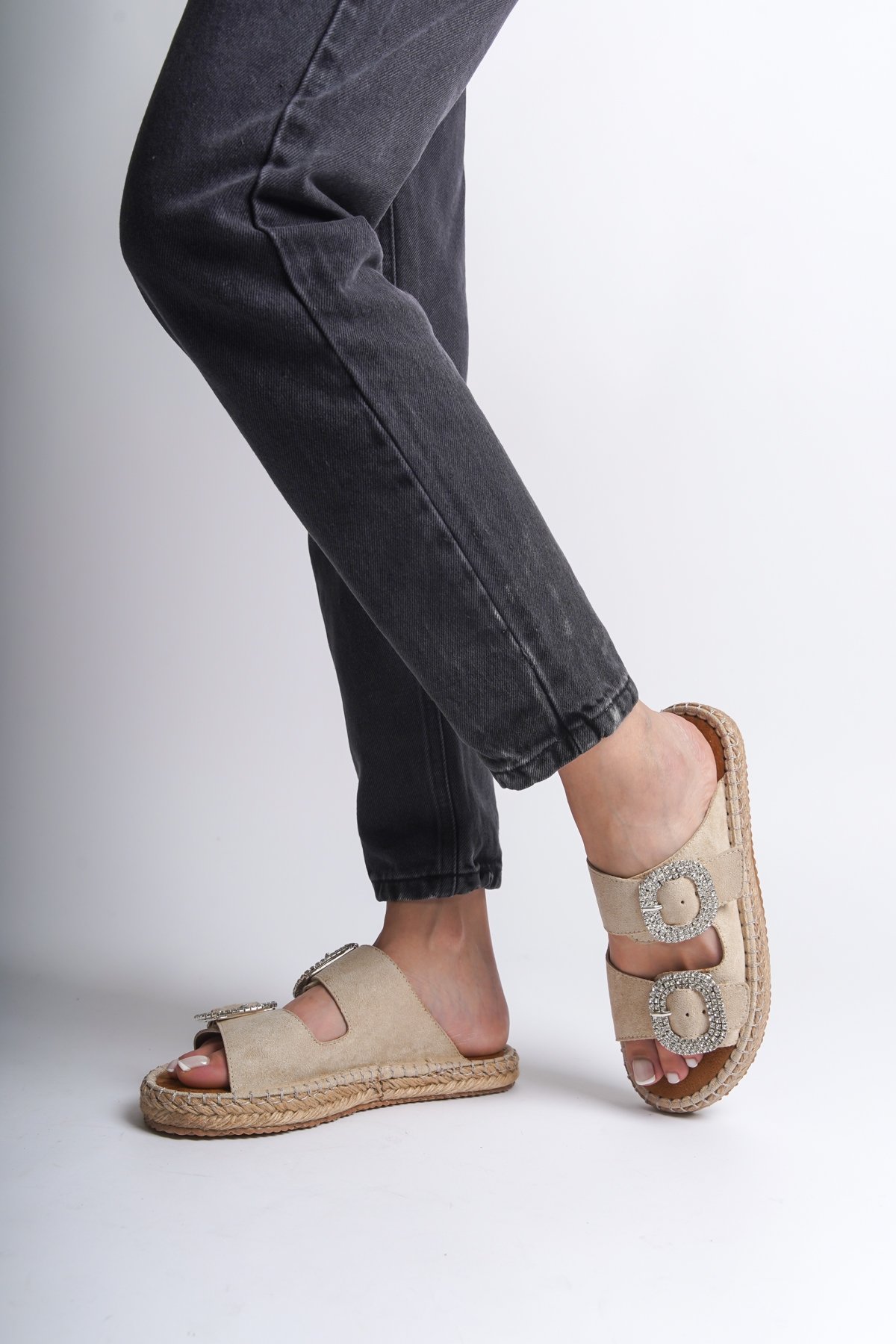 Capone Crystal Embellished Women Beige Espadrille Slippers