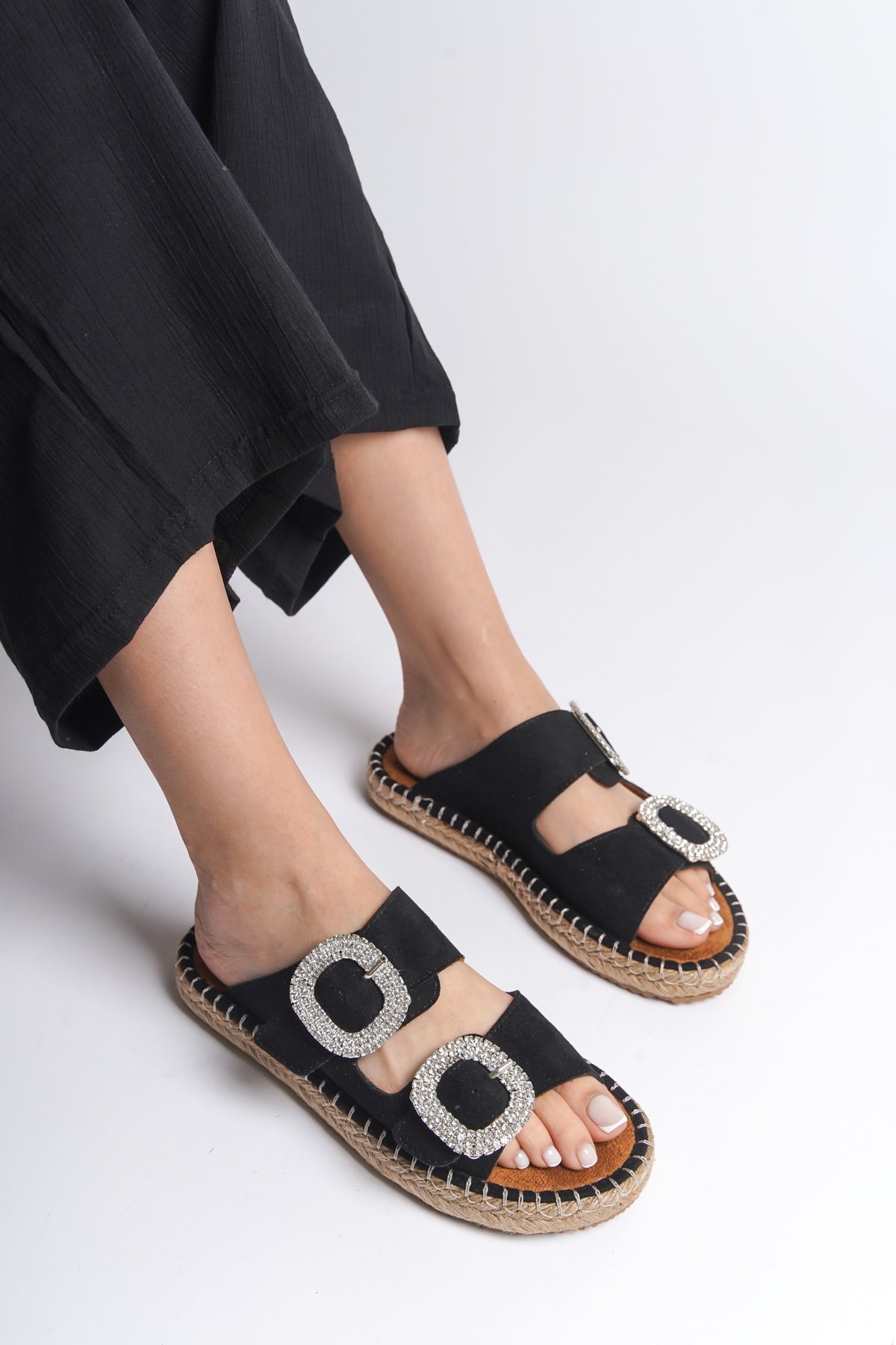 Capone Crystal Embellished Women Black Espadrille Slippers
