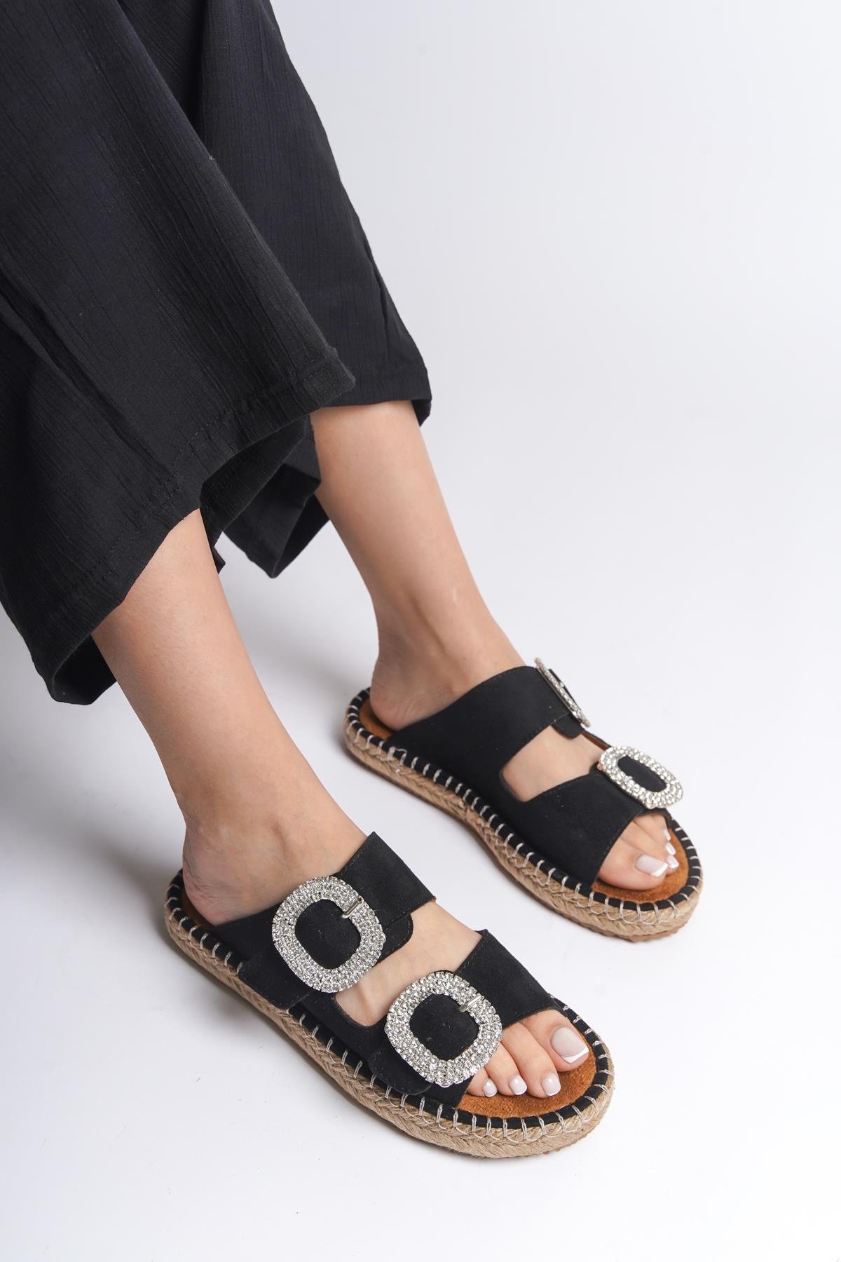 Capone Crystal Embellished Women Black Espadrille Slippers