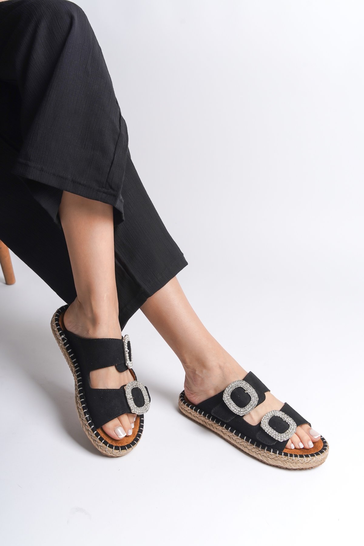 Capone Crystal Embellished Women Black Espadrille Slippers