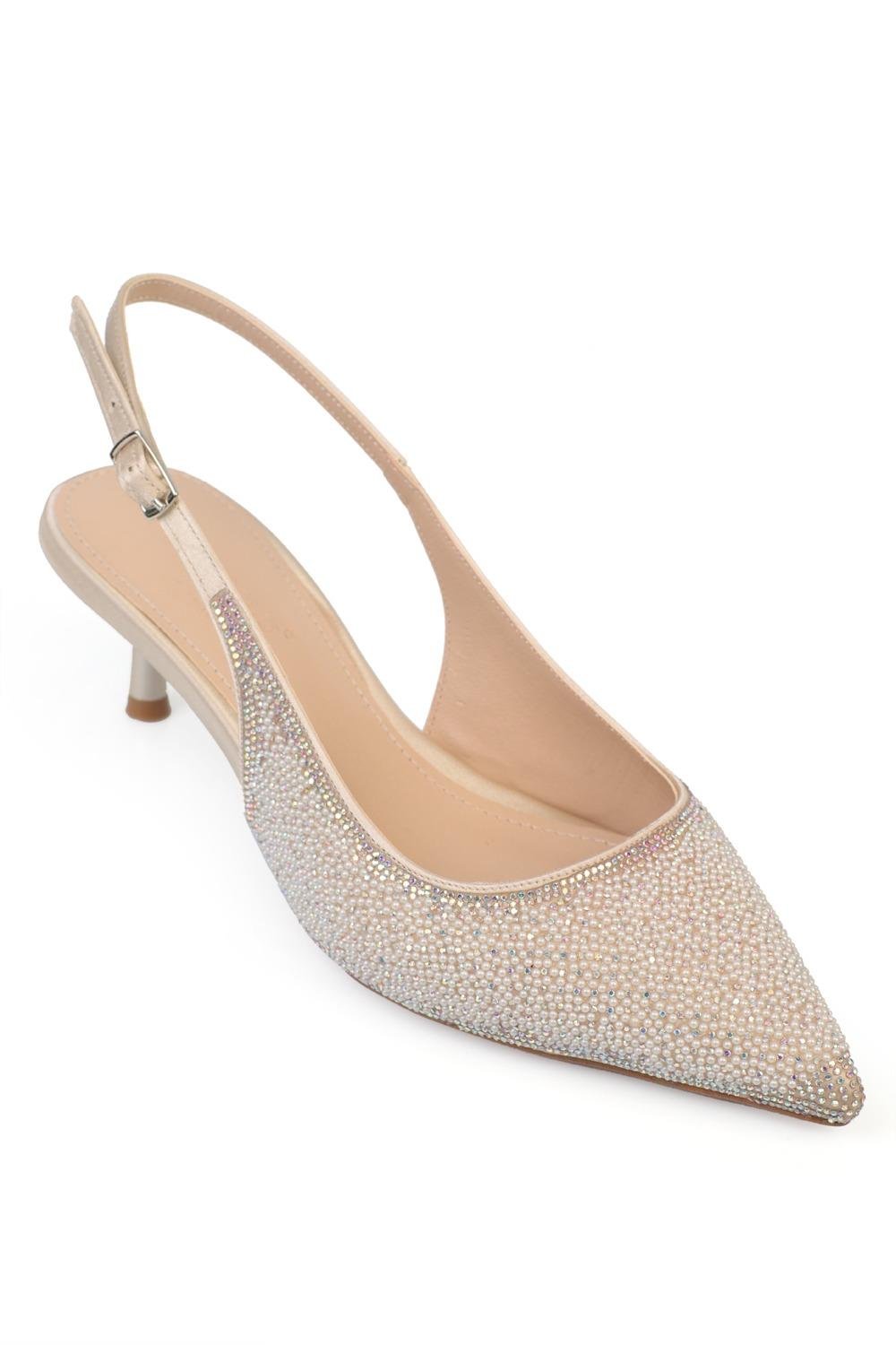 Capone Denyse Fully Crystal Embellished Pointed Toe Satin Slingback Women Nude Wedding Heel Shoe