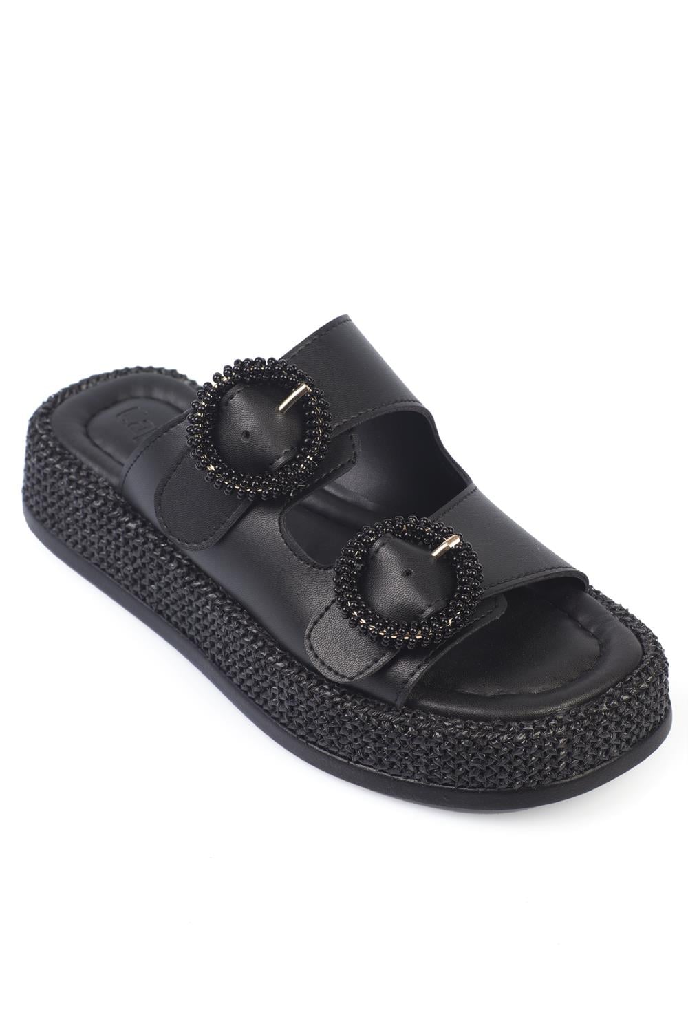 Capone Double Buckle Wedge Heel Comfort Women Black Sandals