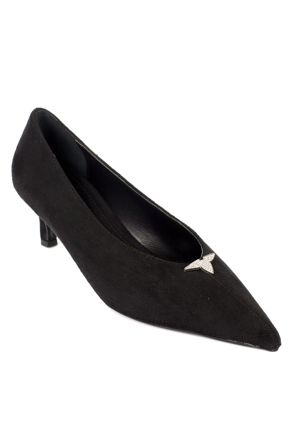 Capone Elly Pointed Toe Crystal Embellished Mid Heel Women Sued Black Shoe